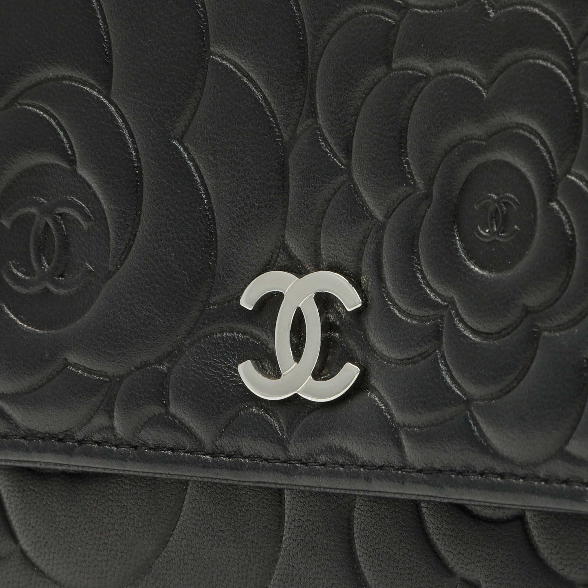 Chanel Black Lambskin Camellia Embossed Wallet on Chain - Image 11