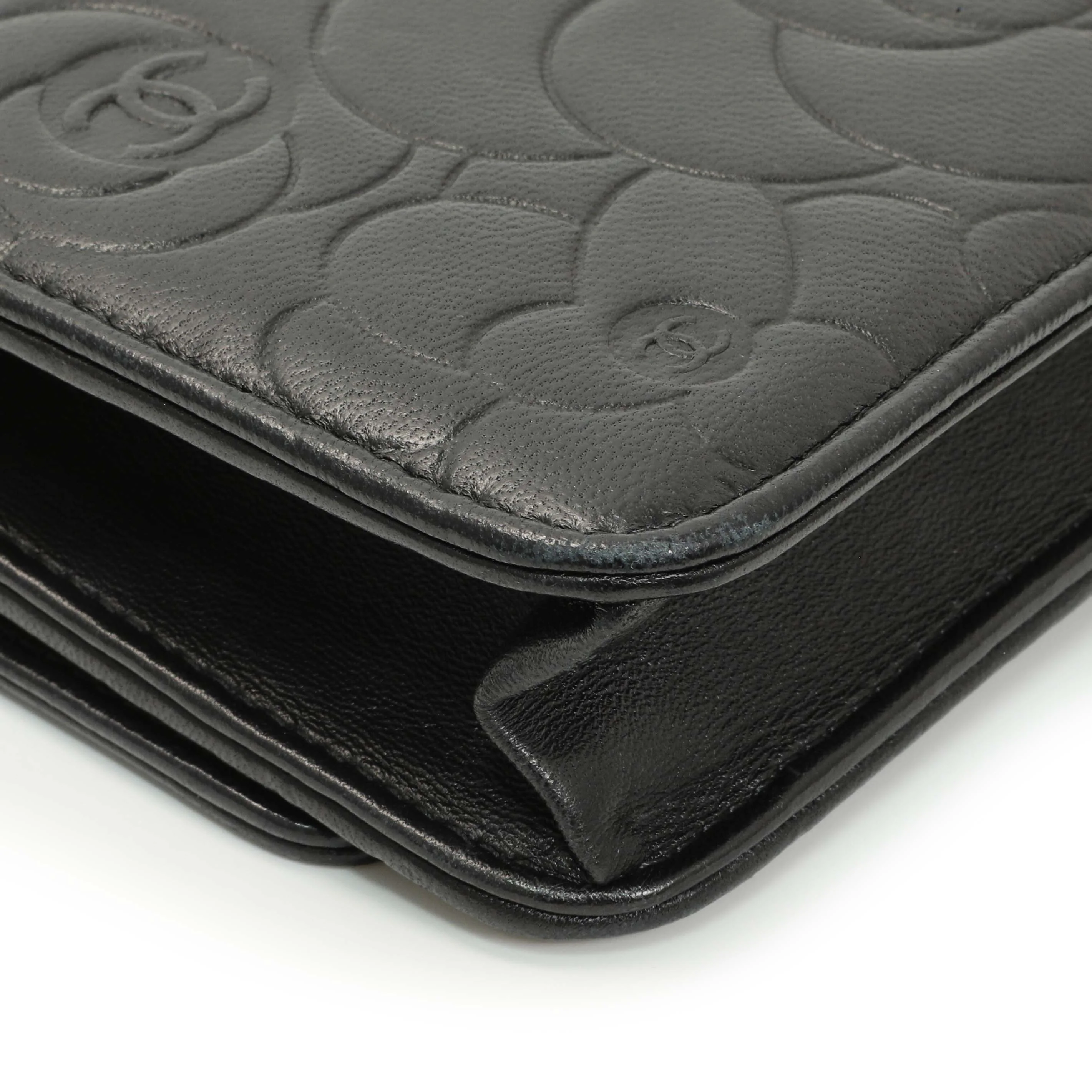 Chanel Black Lambskin Camellia Embossed Wallet on Chain - Image 6
