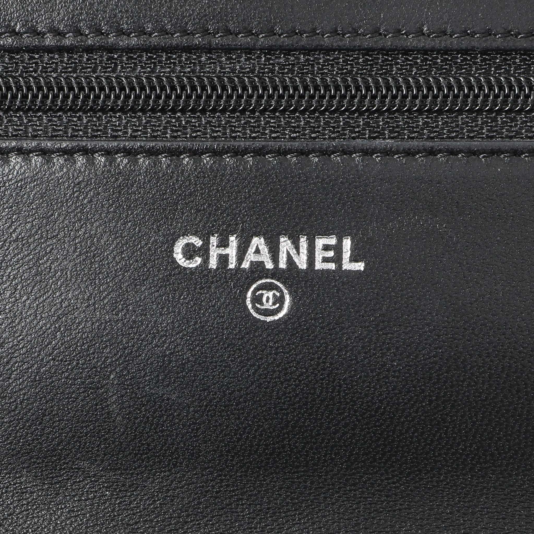 Chanel Black Lambskin Camellia Embossed Wallet on Chain - Image 9