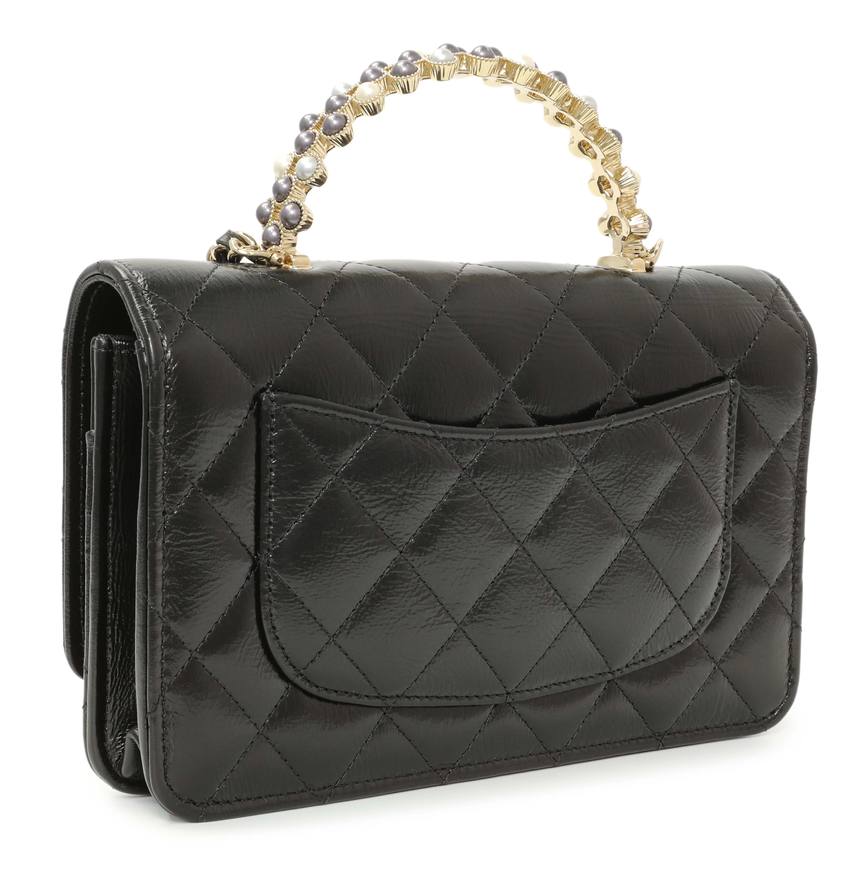 Chanel Black Quilted Crumpled Lambskin Pearl Top Handle Wallet on Chain WOC - Image 2