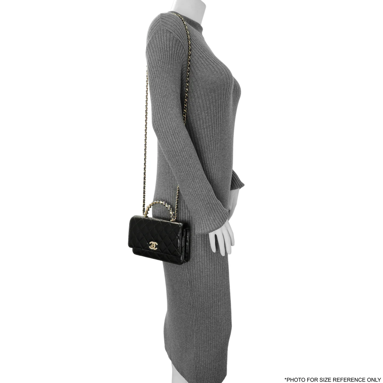 Chanel Black Quilted Crumpled Lambskin Pearl Top Handle Wallet on Chain WOC - Image 8