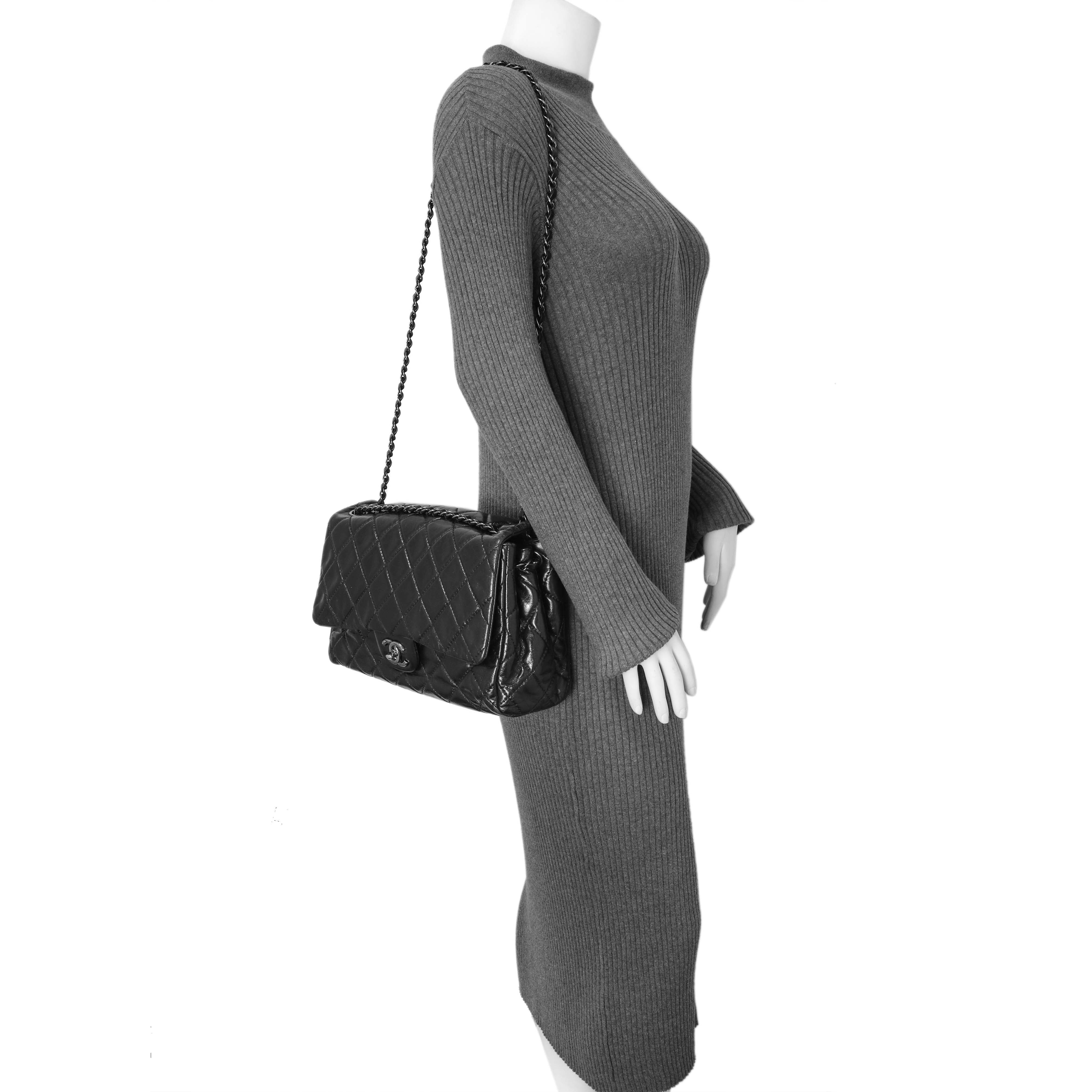 Chanel Black Quilted Glazed Calfskin Large Coco Soft Flap - Image 10