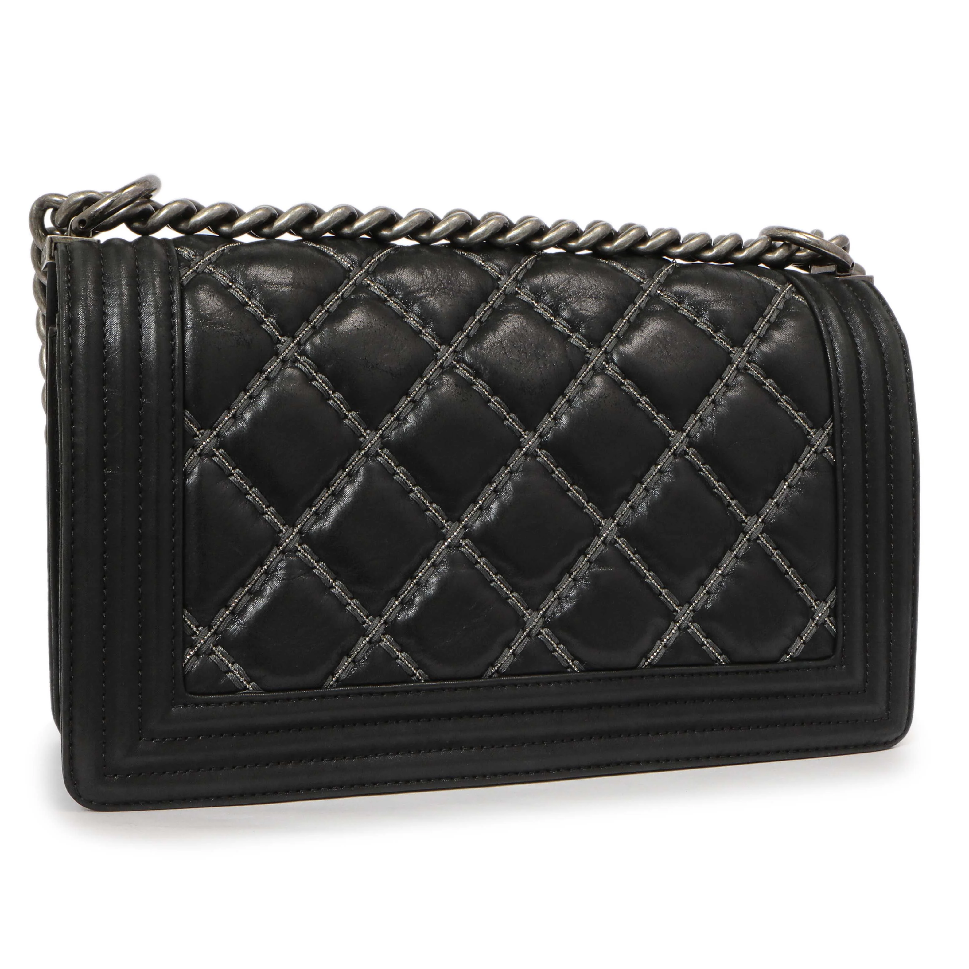 Chanel Black Quilted Iridescent Calfskin Embellished Double Stitch Medium Boy Bag - Image 2