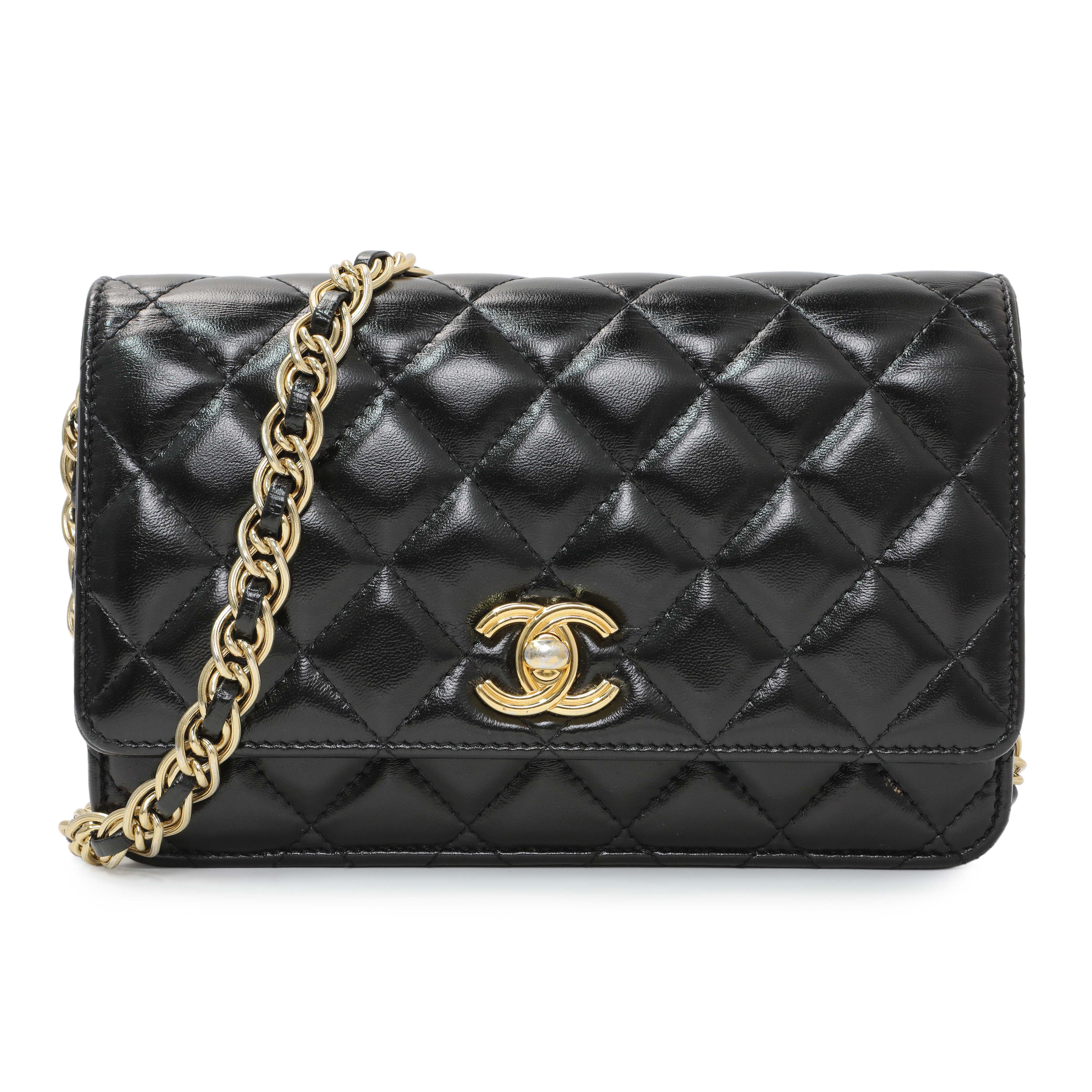 Chanel Black Quilted Shiny Lambskin Golden Links Wallet on Chain