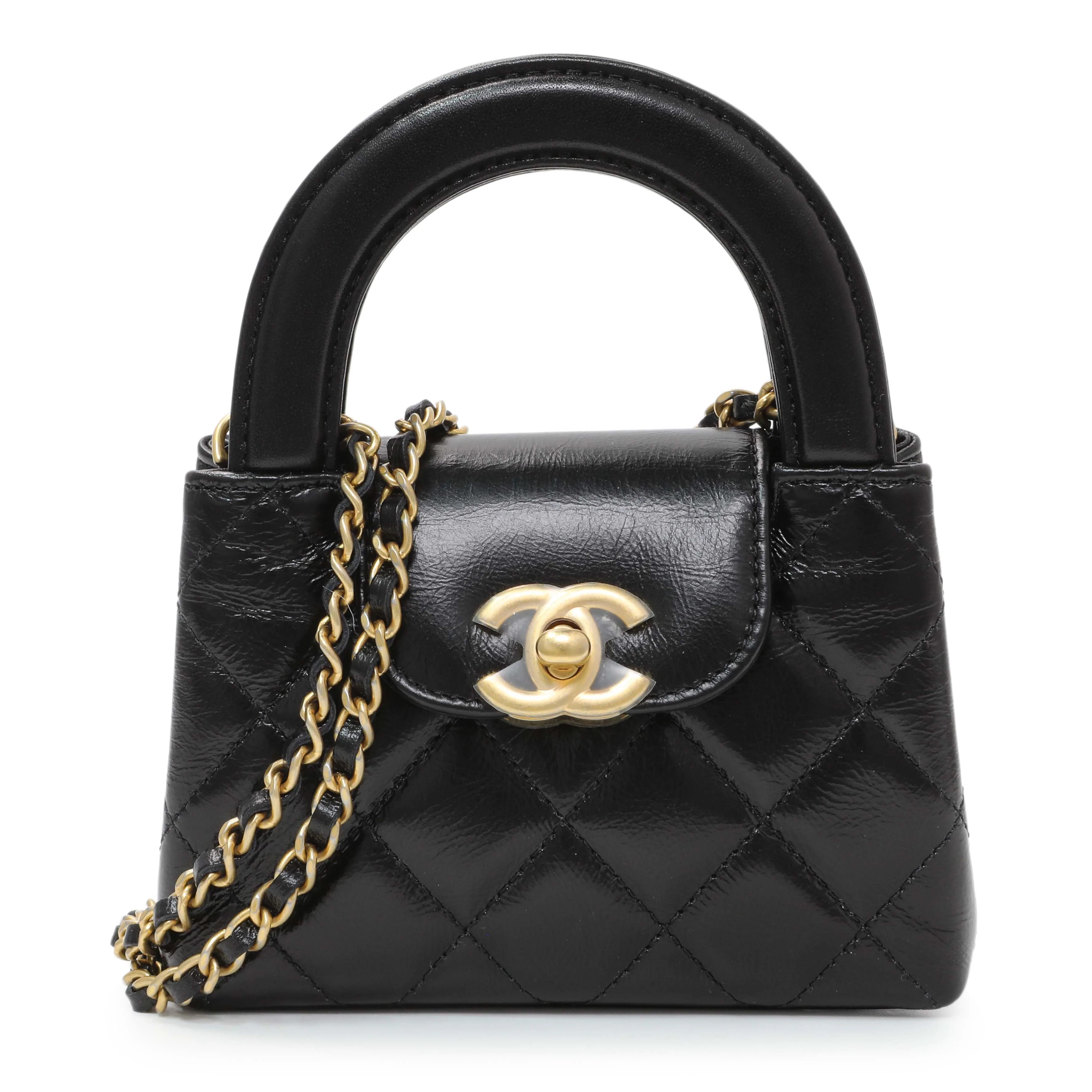 Chanel Black Shiny Aged Calfskin Quilted Mini Nano Kelly Shopper
