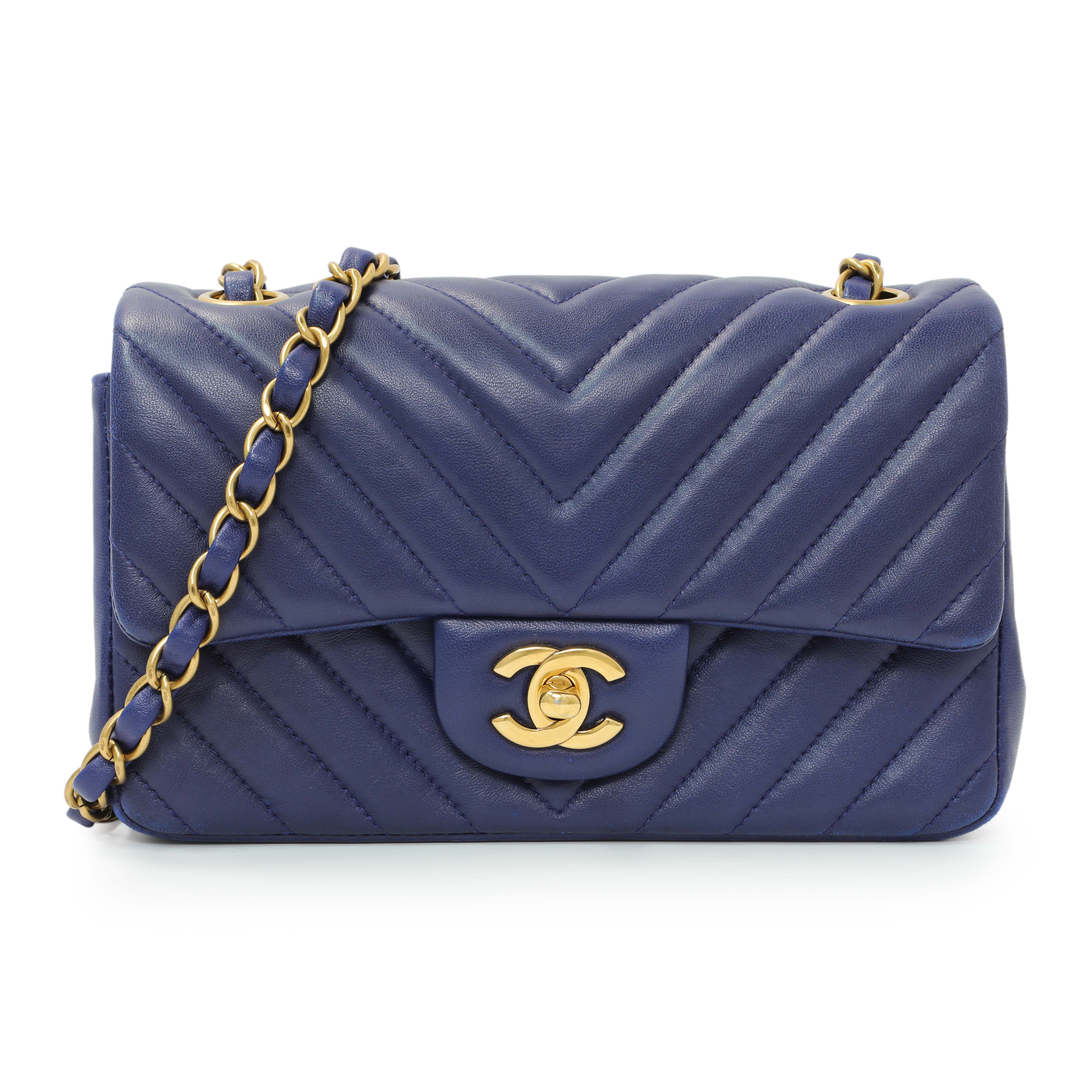 Chanel Blue Chevron Quilted Lambskin Mini Rectangular Flap
