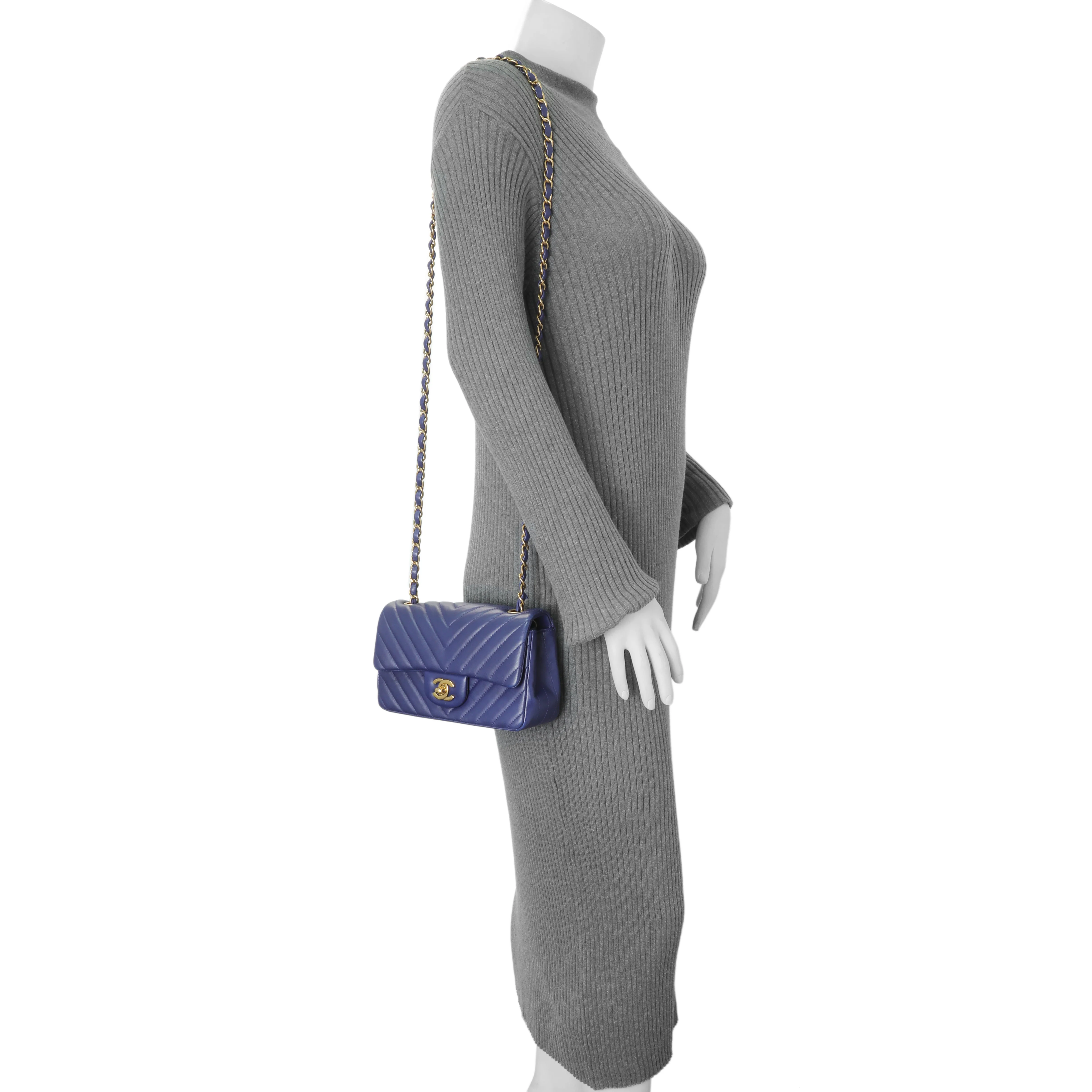 Chanel Blue Chevron Quilted Lambskin Mini Rectangular Flap - Image 11