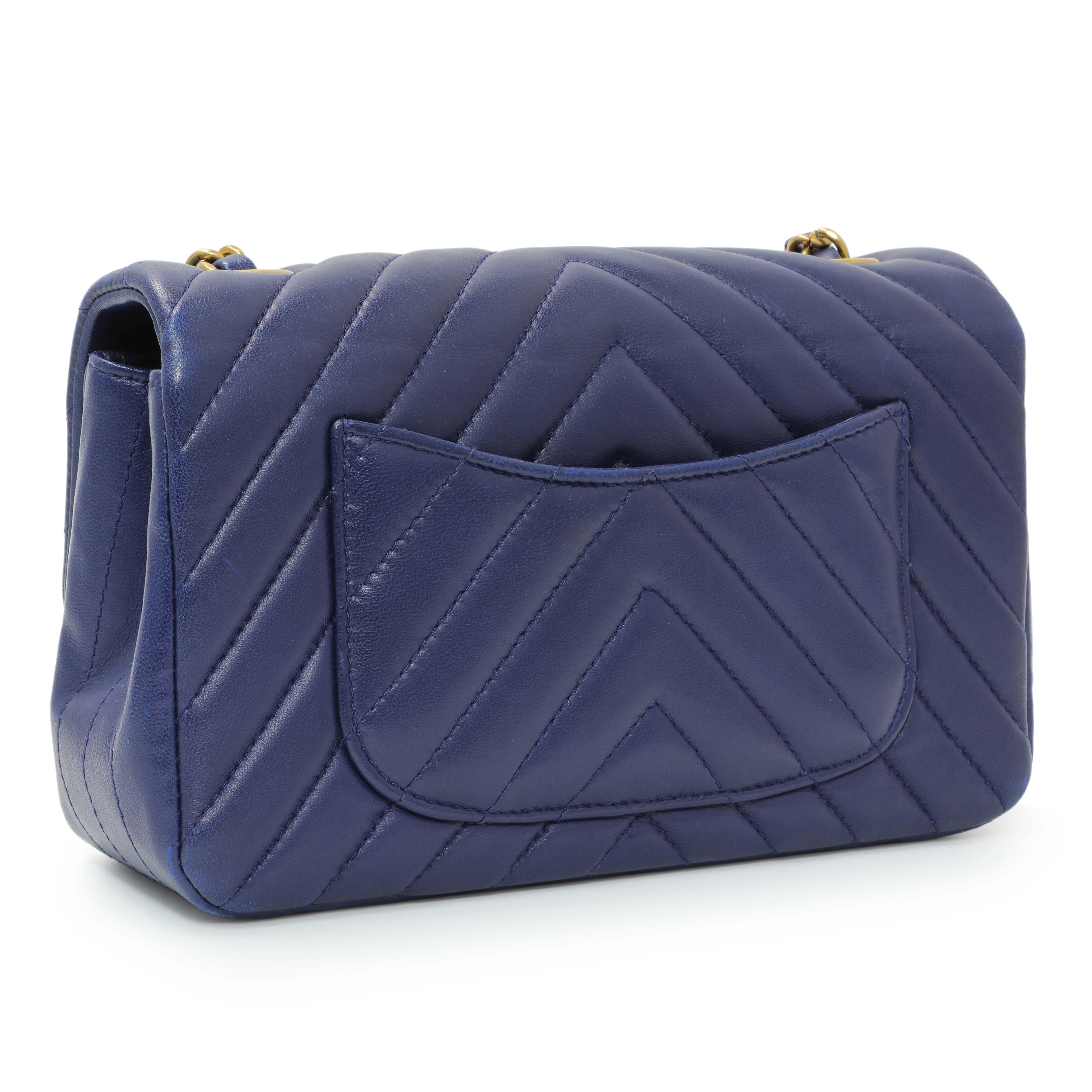 Chanel Blue Chevron Quilted Lambskin Mini Rectangular Flap - Image 2