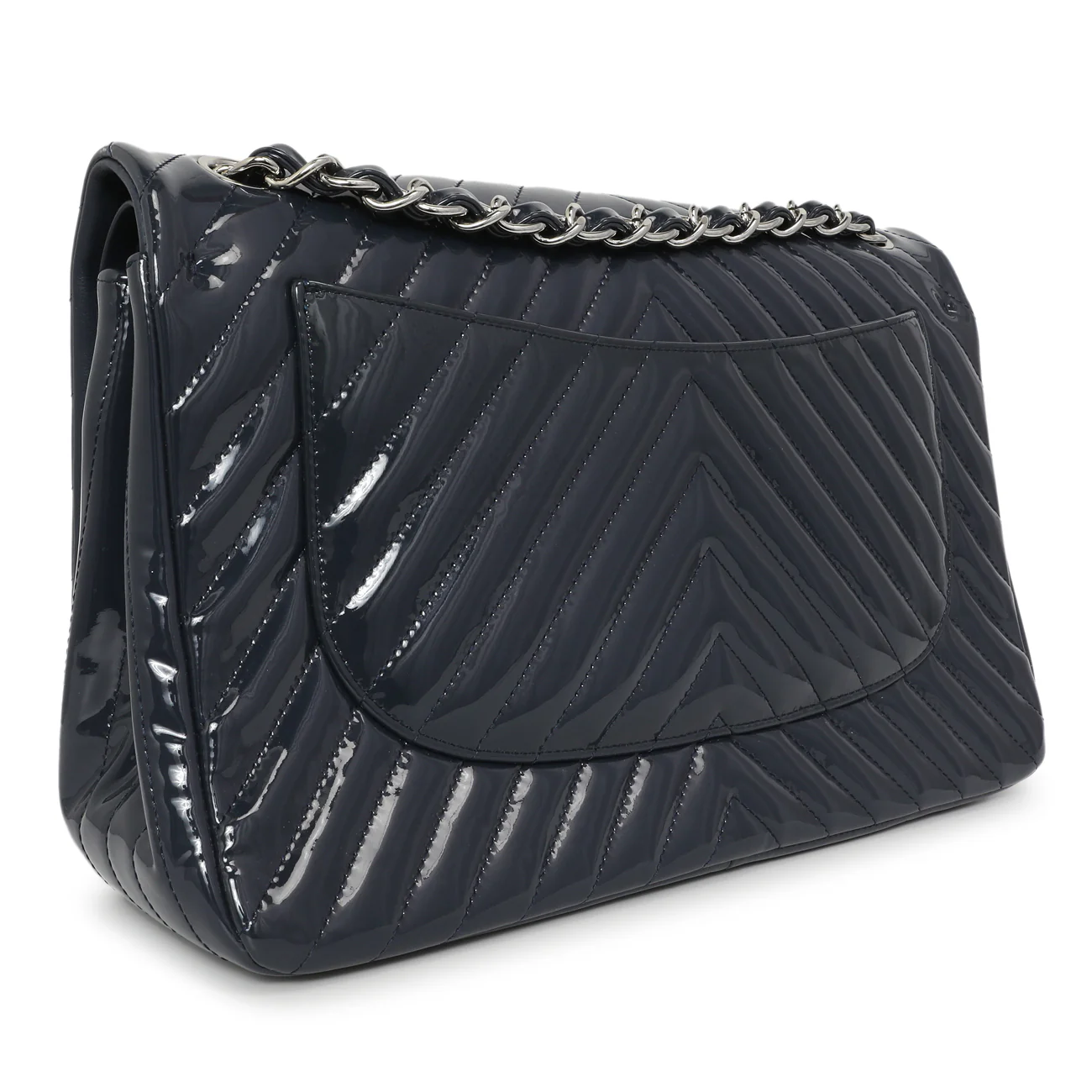 Chanel Blue Chevron Quilted Patent Jumbo Classic Double Flap - Image 2