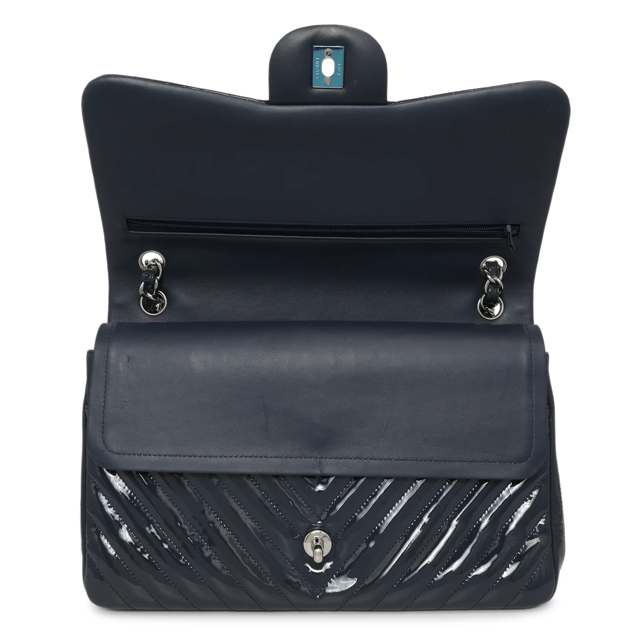 Chanel Blue Chevron Quilted Patent Jumbo Classic Double Flap - Image 4