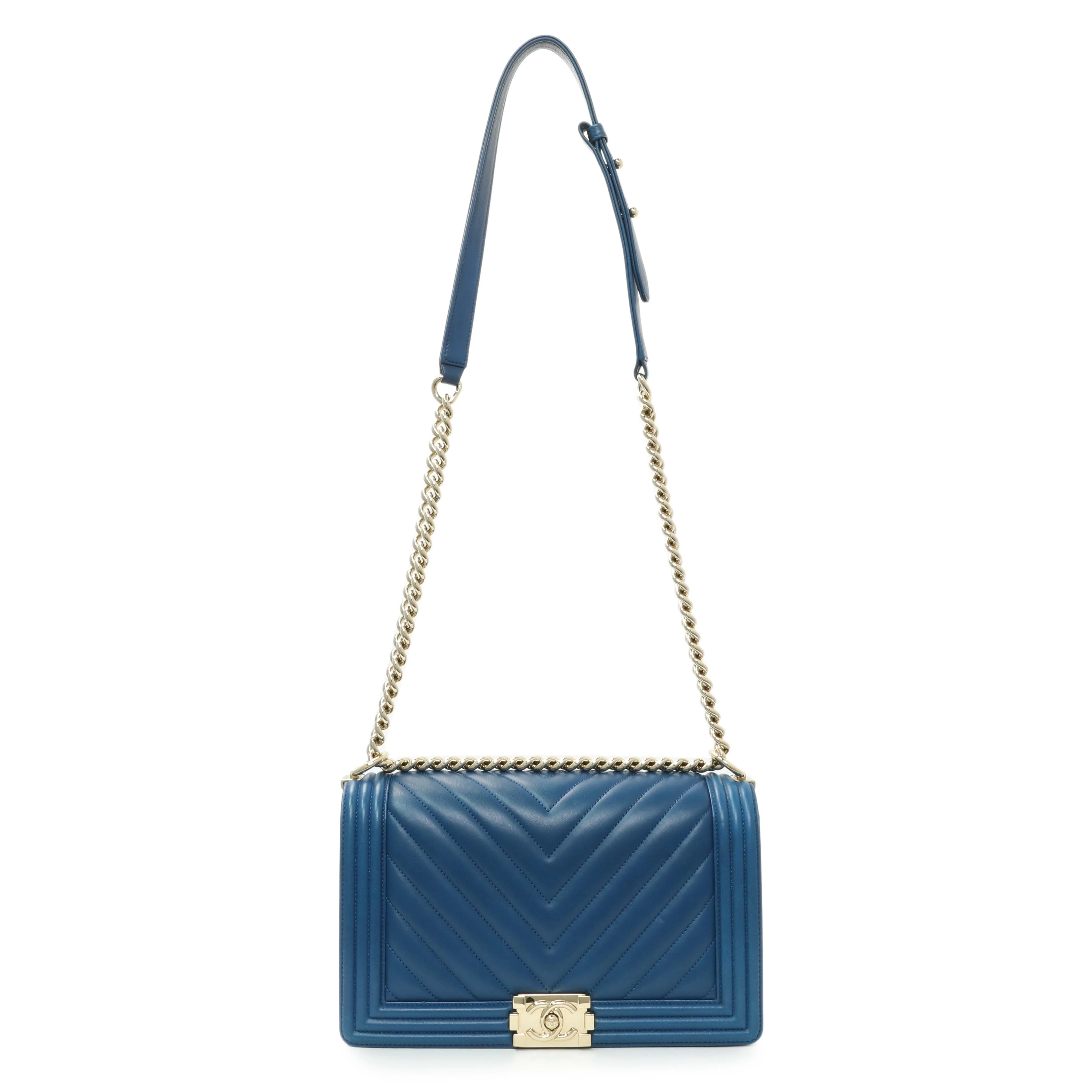 Chanel Blue Lambskin Chevron Quilted New Medium Boy Flap