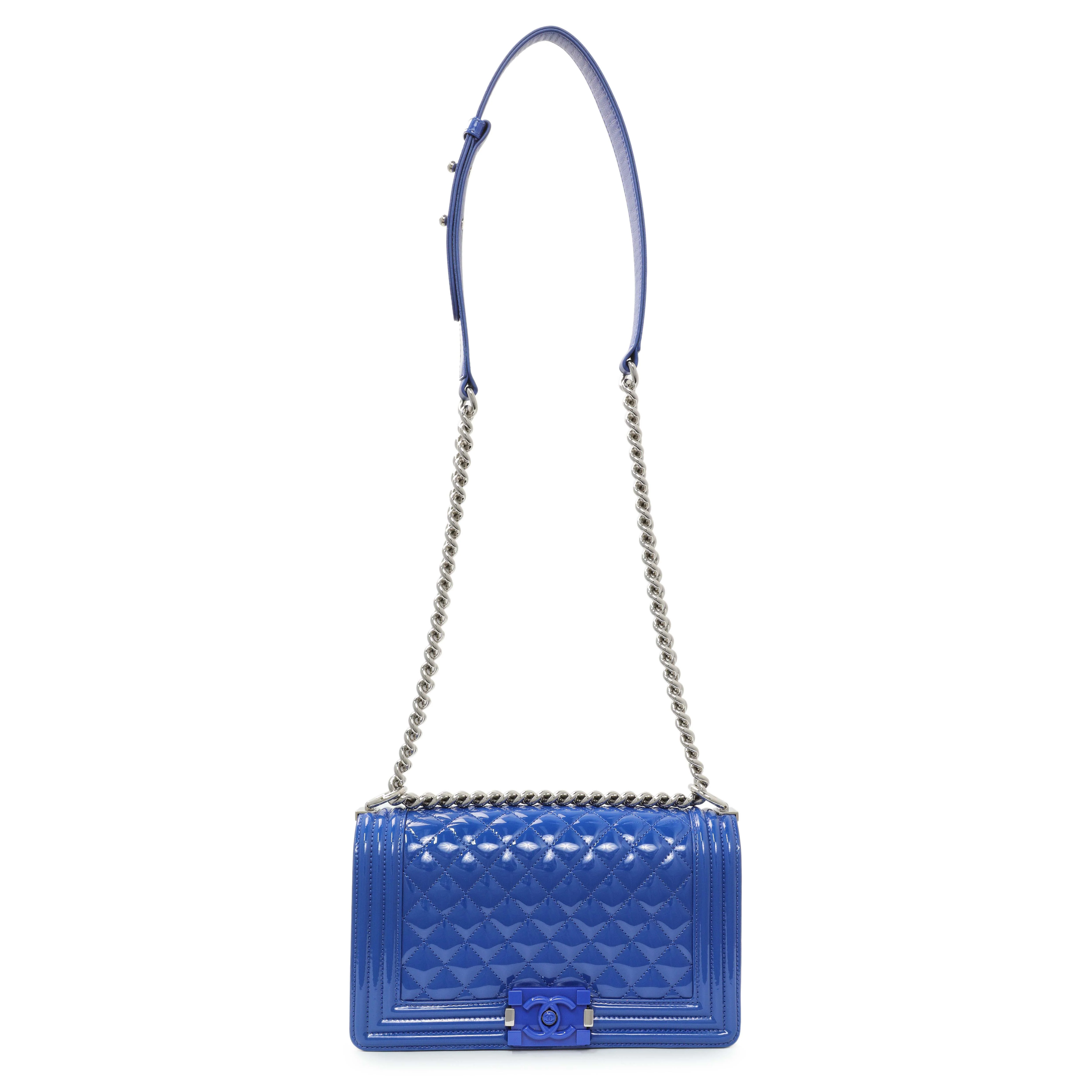 Chanel Blue Quilted Patent Medium Plexiglass Boy Flap