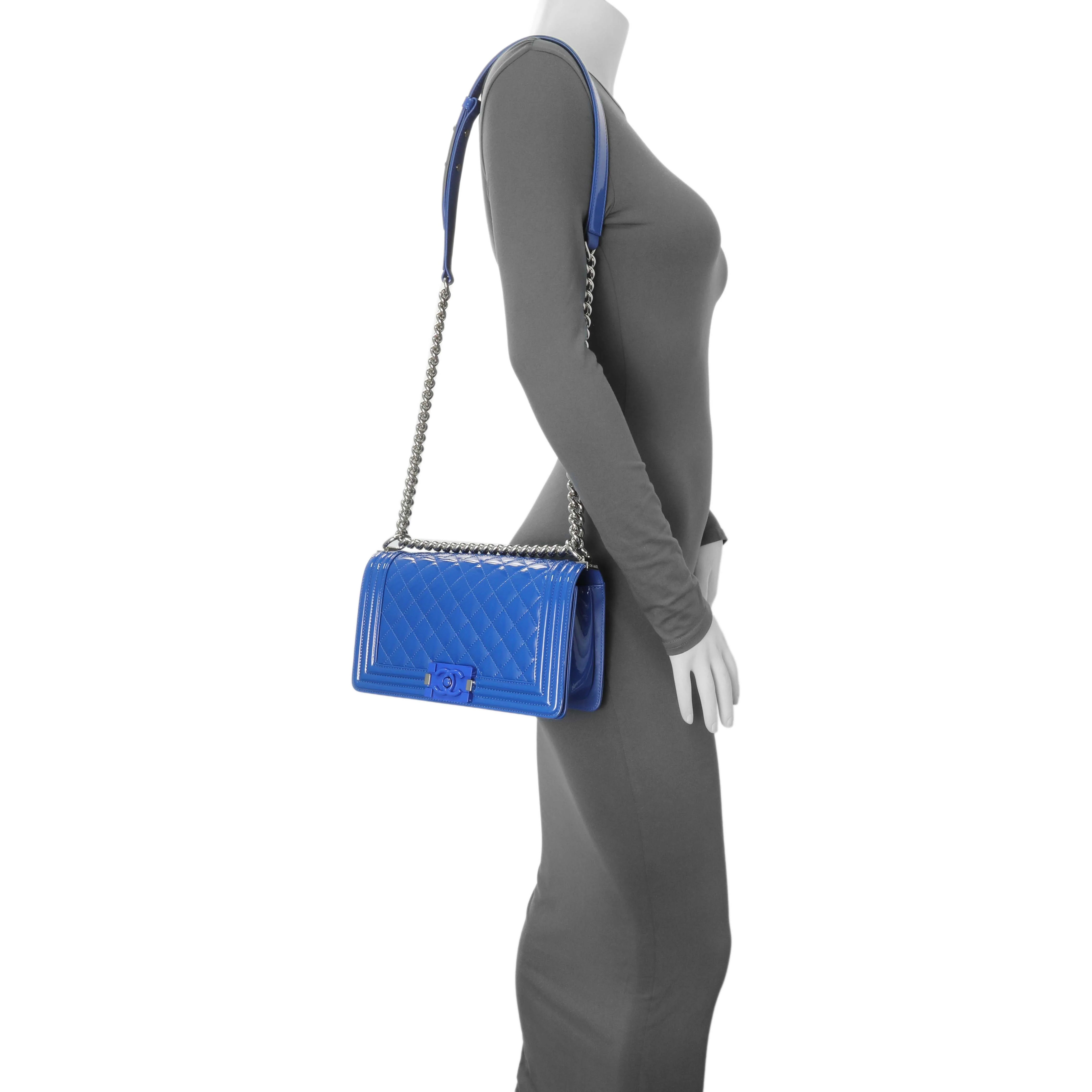 Chanel Blue Quilted Patent Medium Plexiglass Boy Flap - Image 11