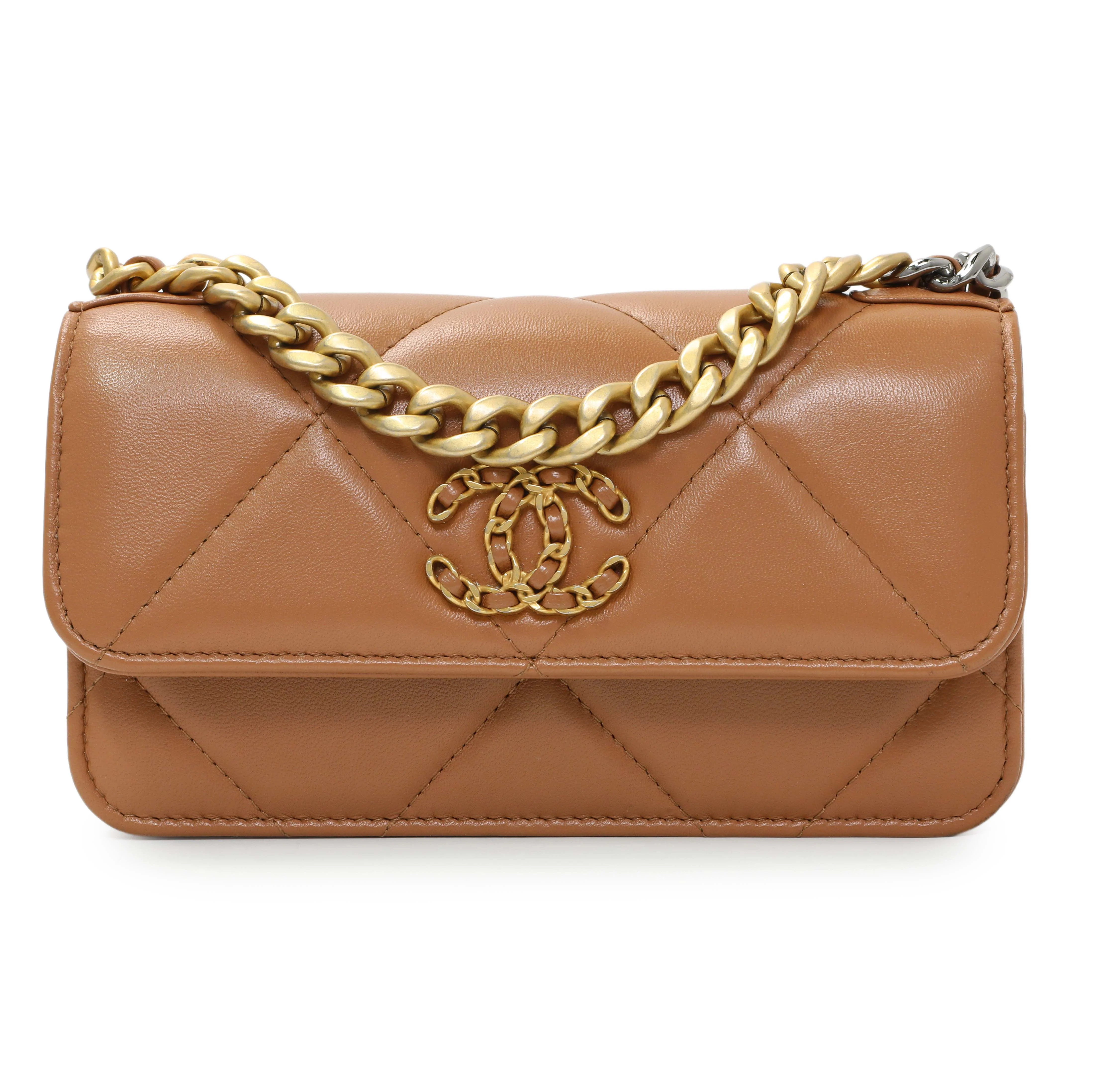Chanel Brown Lambskin Quilted Chanel 19 Glasses Case With Chain - Image 2