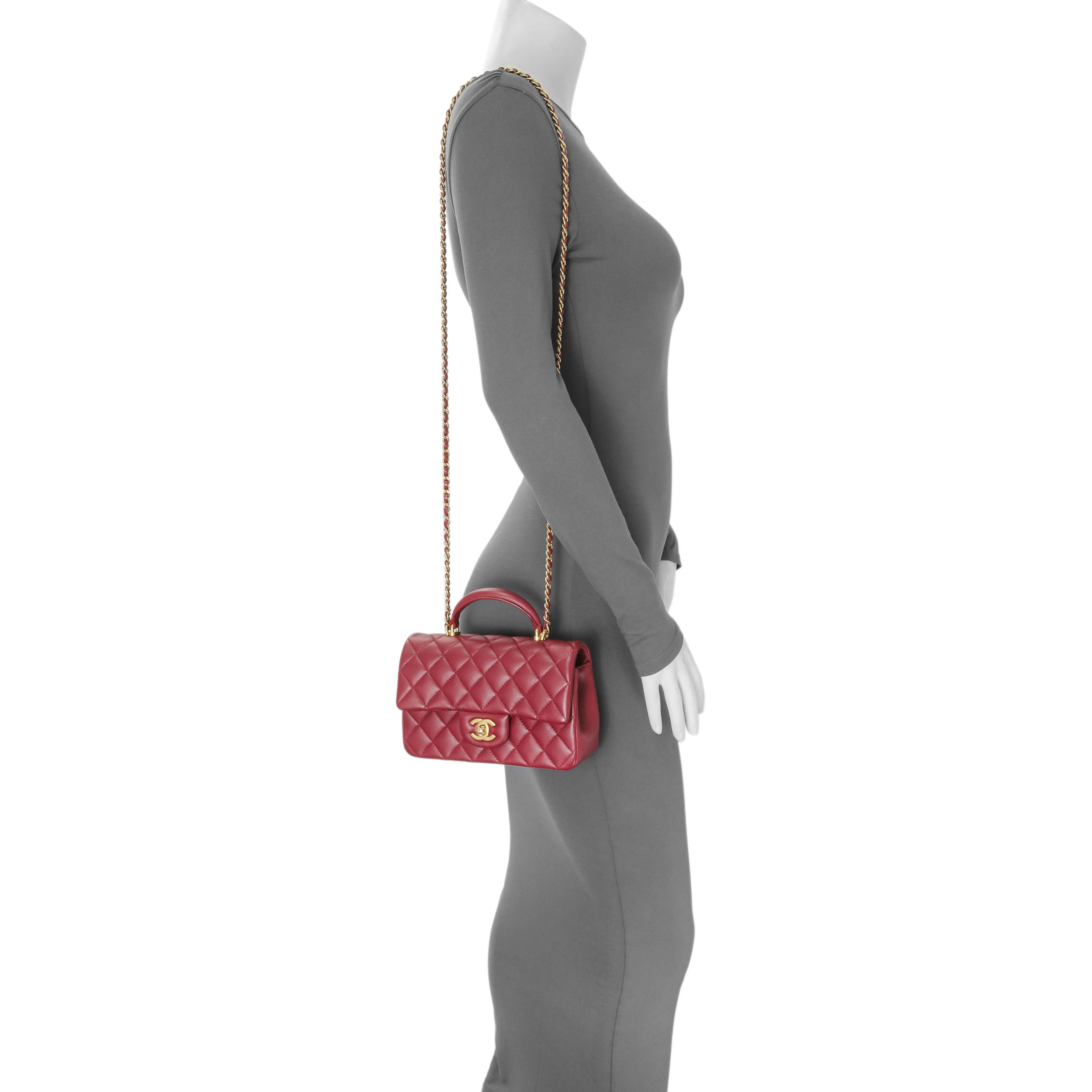 Chanel Burgundy Lambskin Quilted Mini Top Handle Rectangular Flap - Image 7