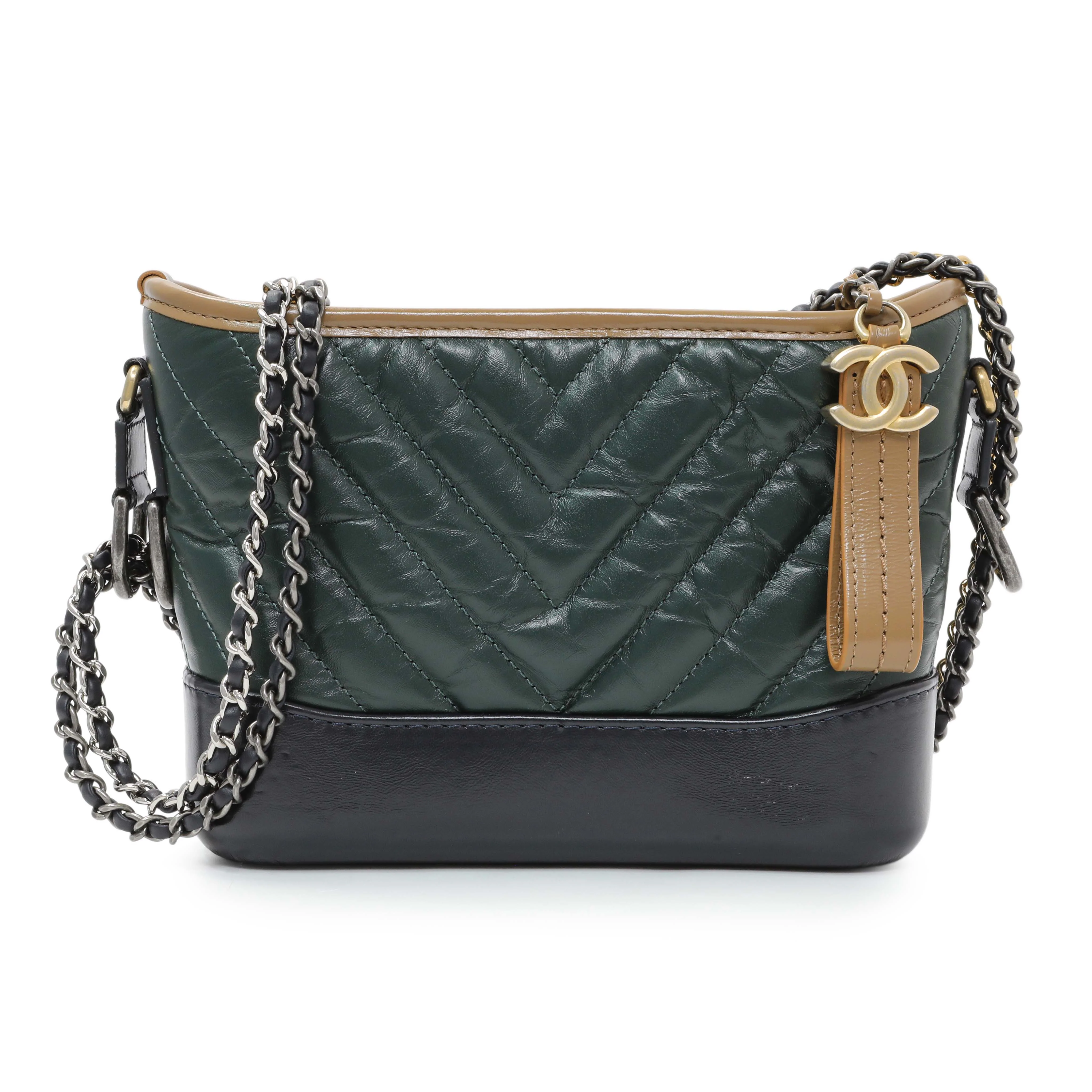 Chanel Green Aged Calfskin Chevron Quilted Small Gabrielle Hobo