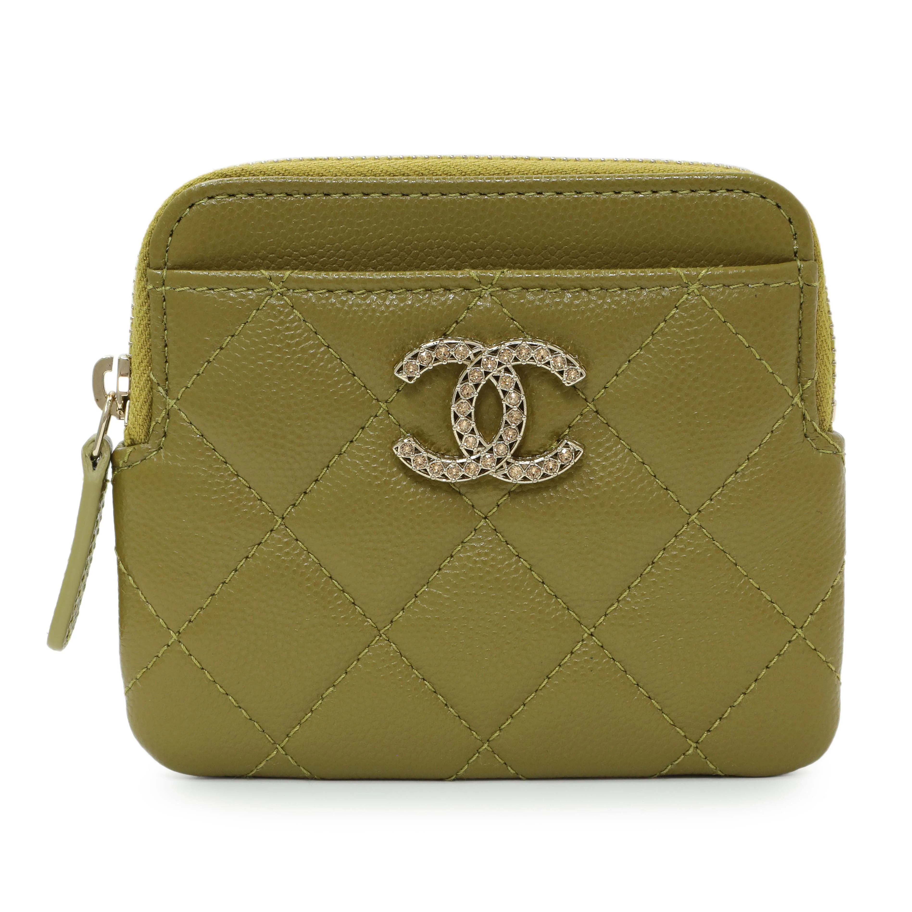 Chanel Khaki Green Caviar Crystal CC Zipped Coin Purse