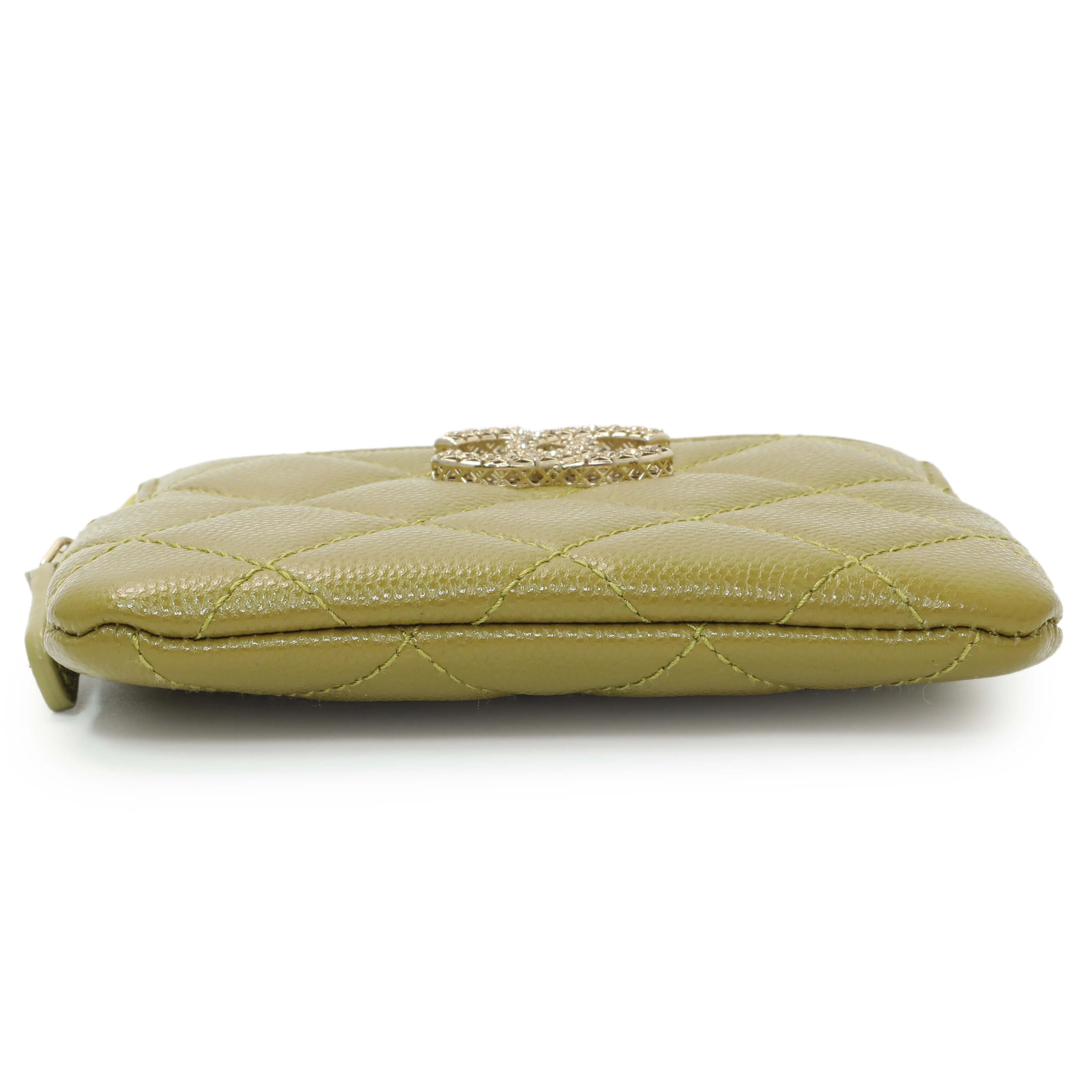 Chanel Khaki Green Caviar Crystal CC Zipped Coin Purse - Image 3