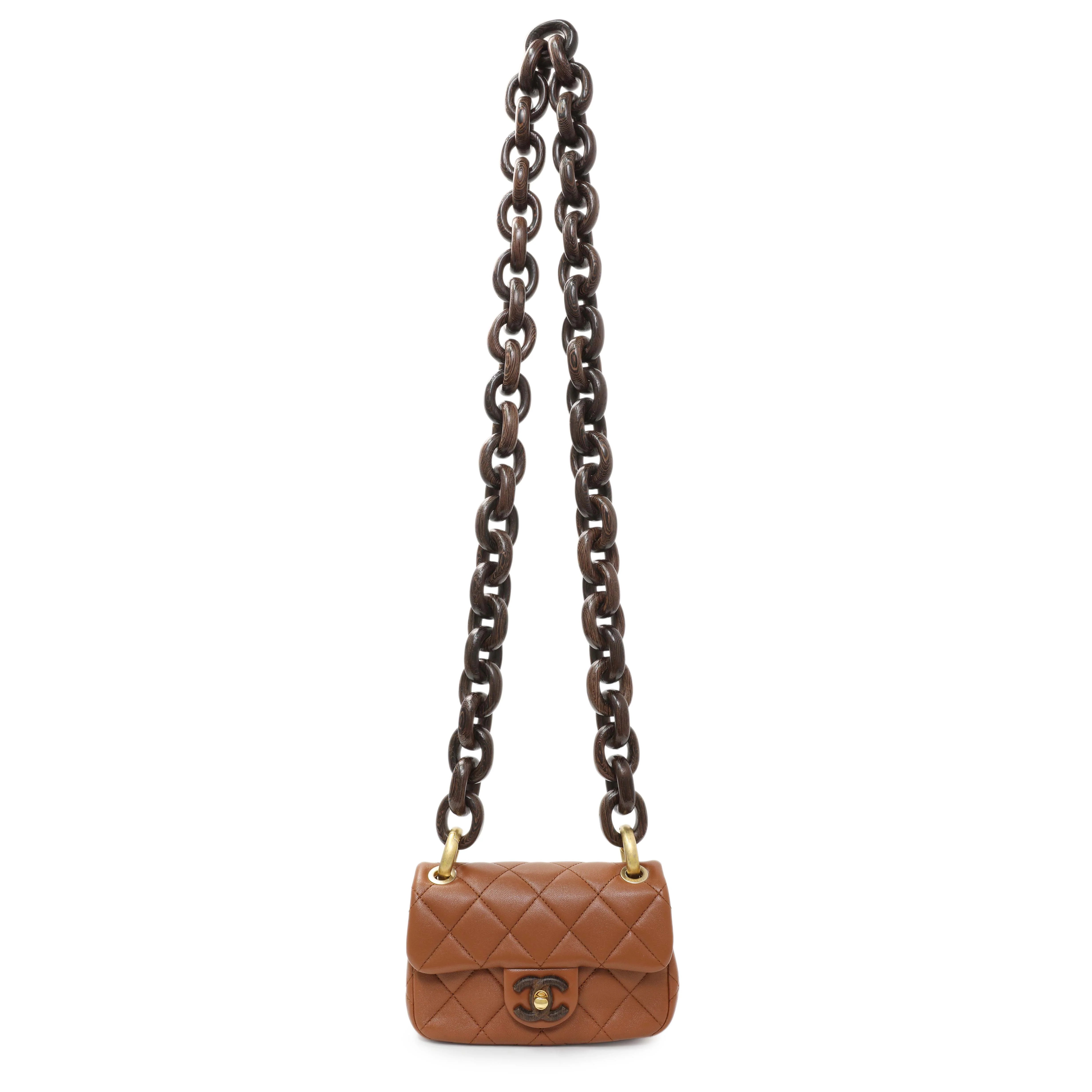 Chanel Light Brown Lambskin Wenge Quilted Mini Fashion Wood Square Flap