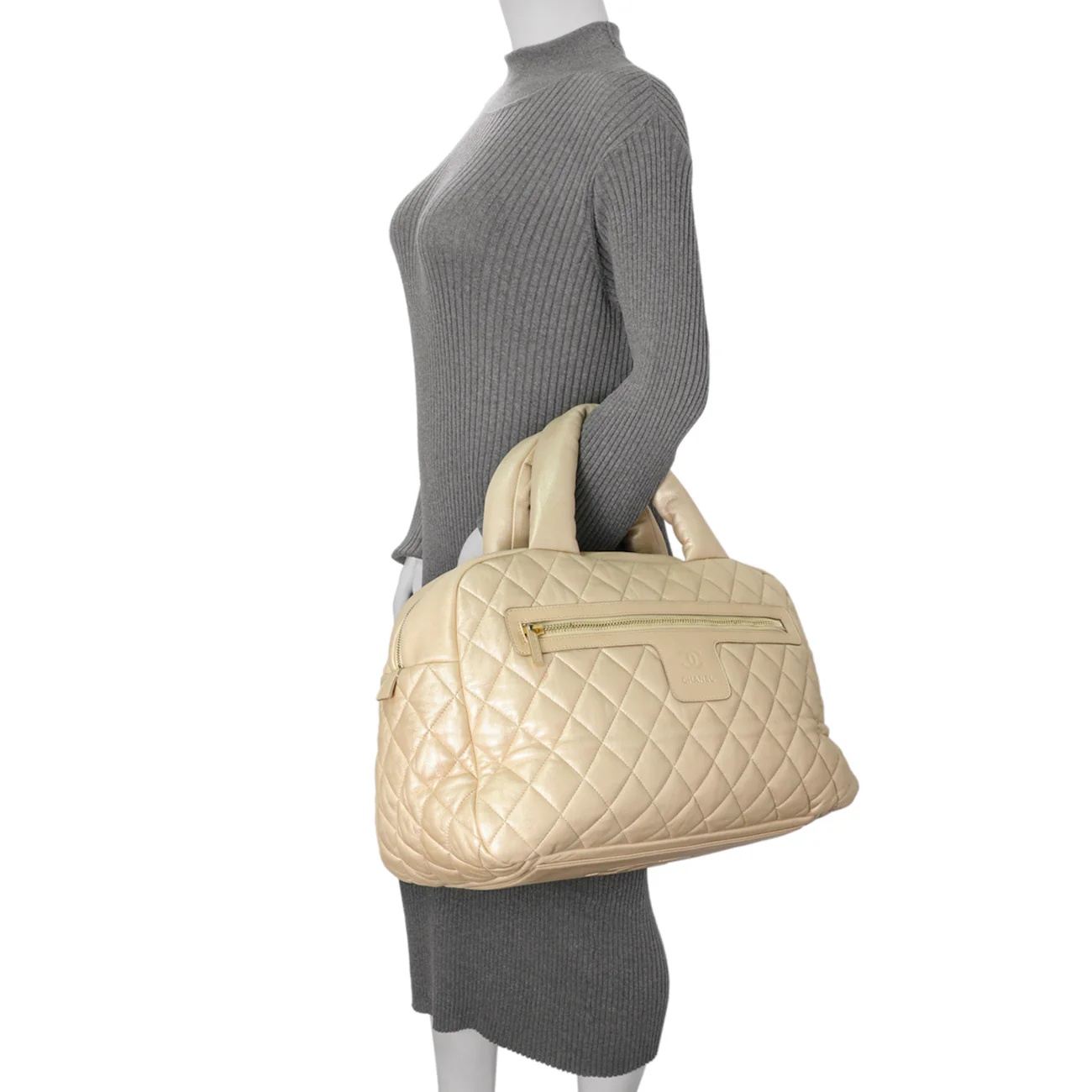 Chanel Light Gold Quilted Lambskin Coco Cocoon Bowler - Image 11