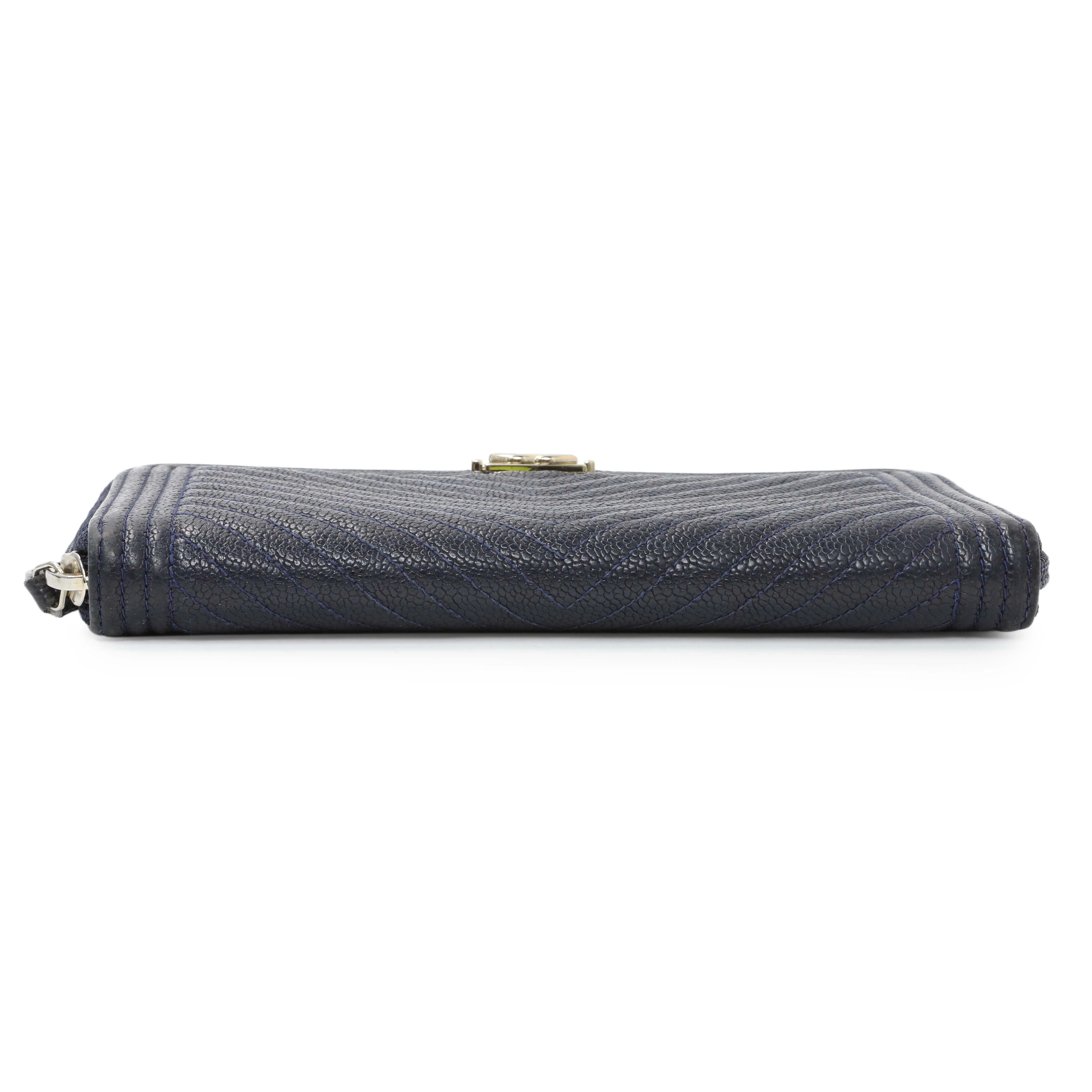 Chanel Navy Chevron Quilted Caviar Boy Long Zip Around Wallet - Image 3