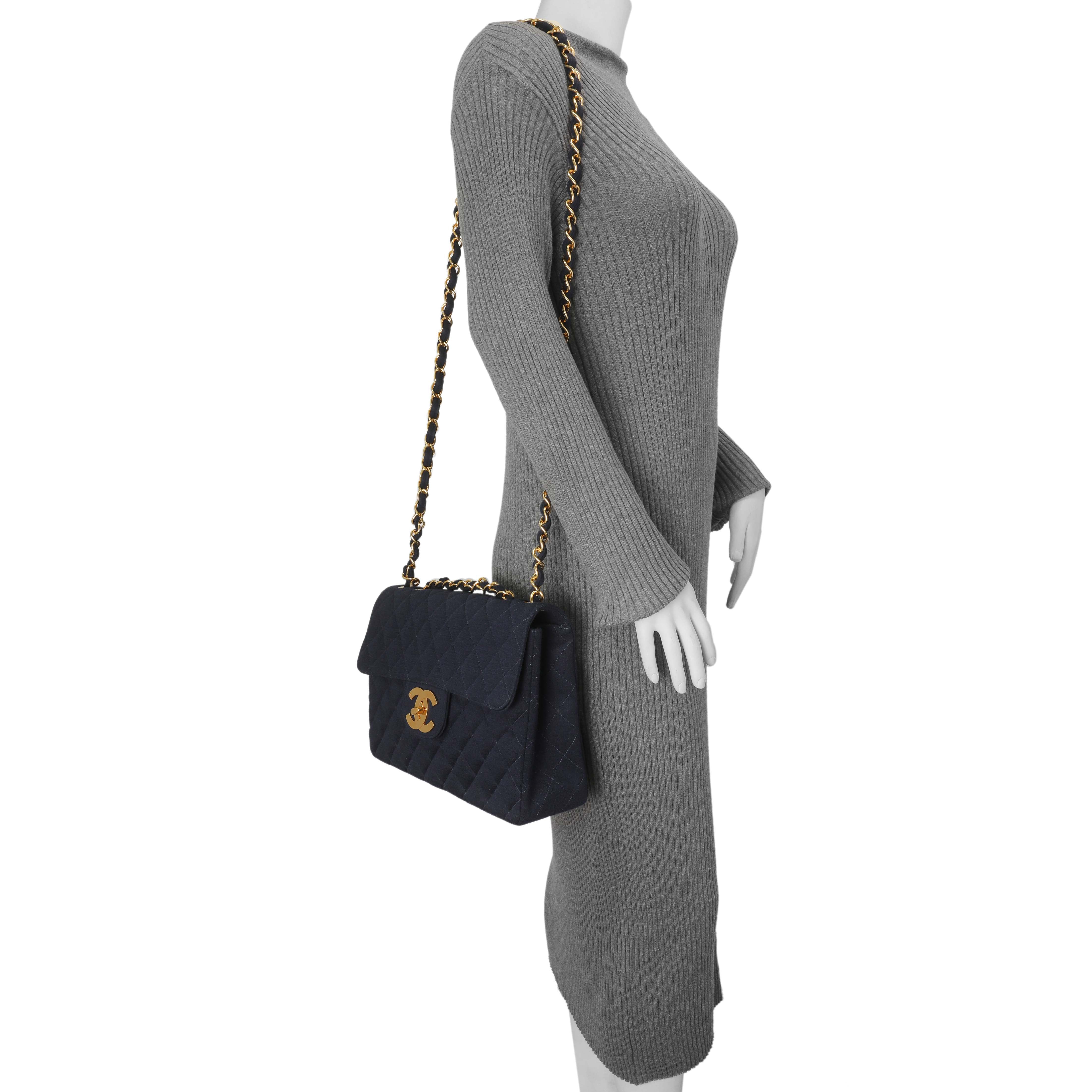 Chanel Navy Jersey XL Jumbo Single Flap - Image 7