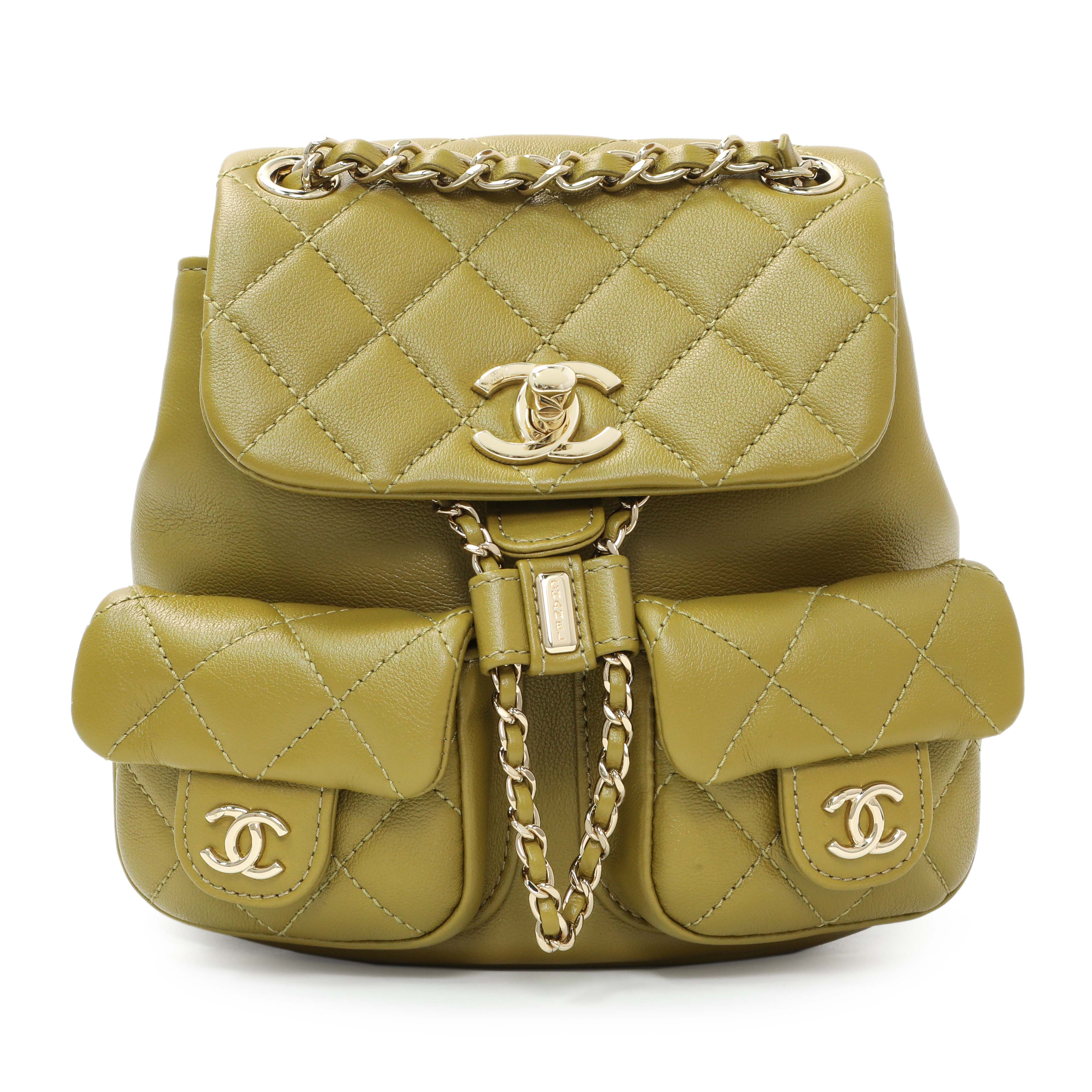 Chanel Olive Green Quilted Lambskin Small Duma Pockets Drawstring Backpack