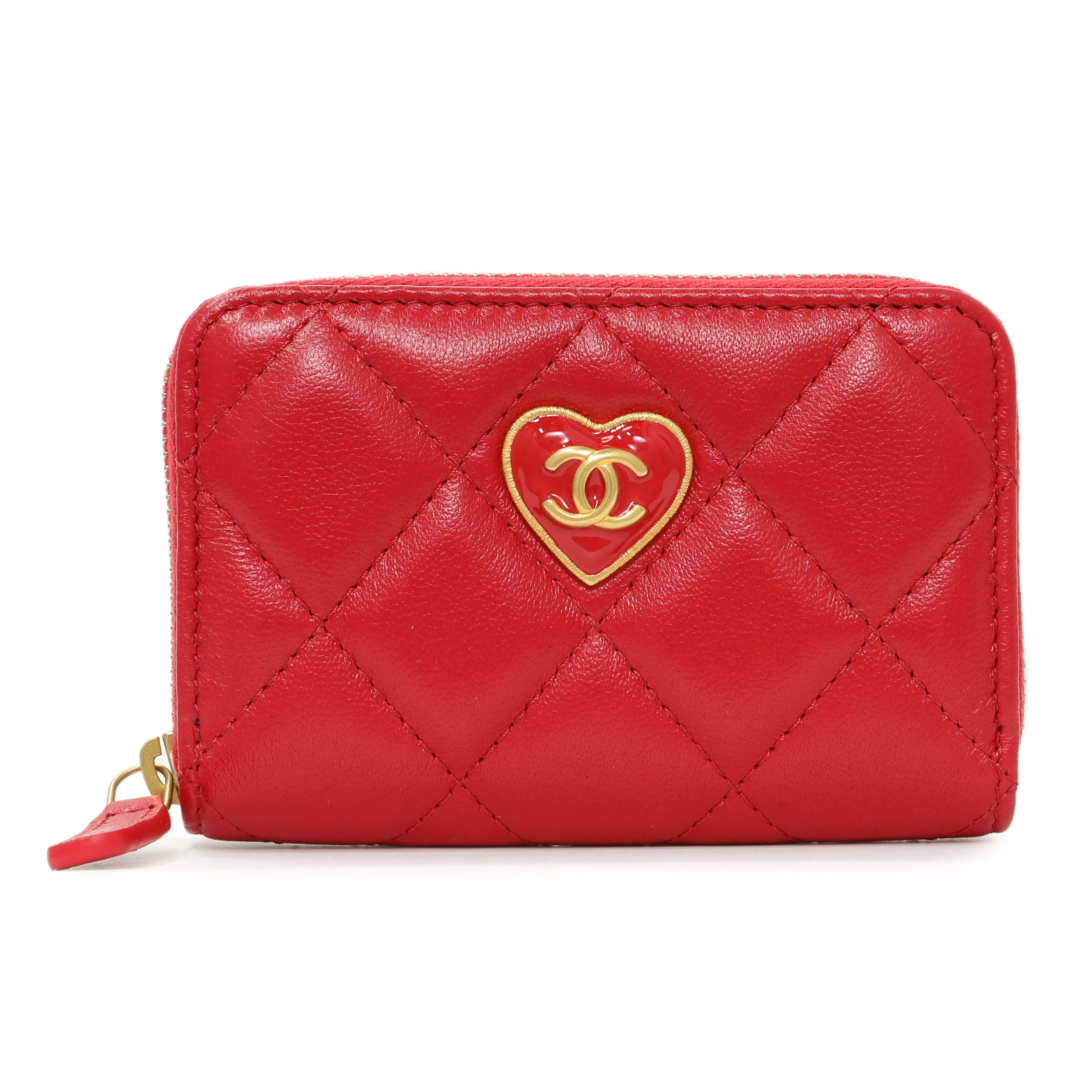 Chanel Red Lambskin Coco Love Zip Coin Purse