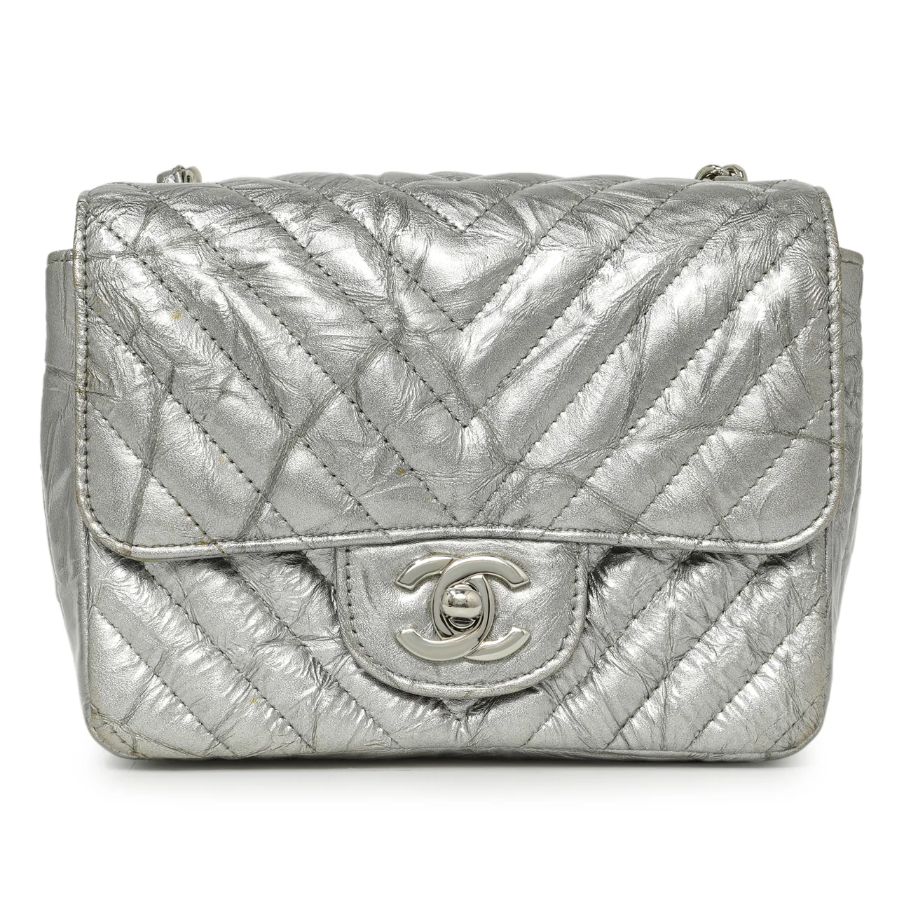Chanel Silver Metallic Patent Crumpled Calfskin Chevron Quilted Mini Square Flap - Image 2