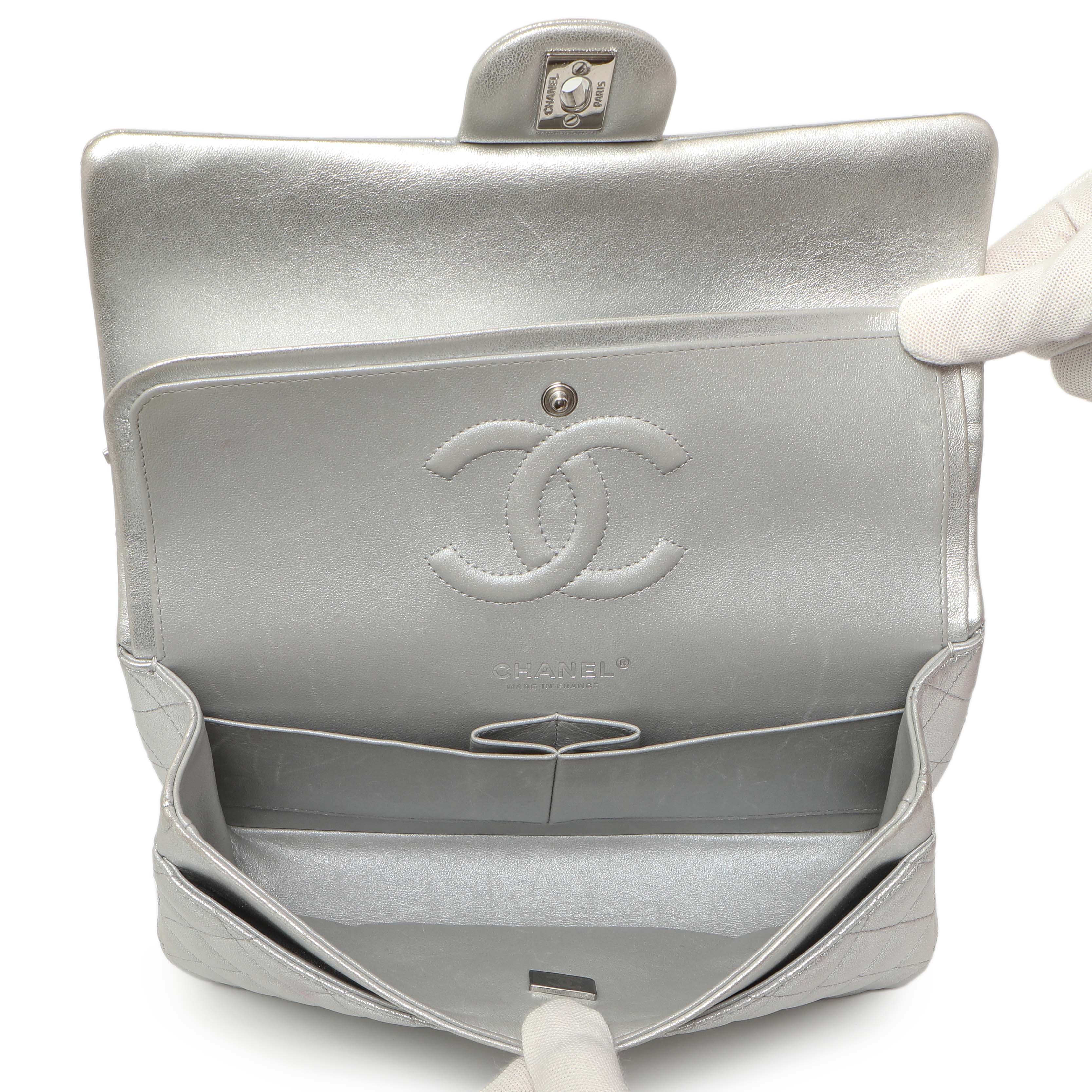Chanel Silver Quilted Calfskin Medium Classic Double Flap - Image 9