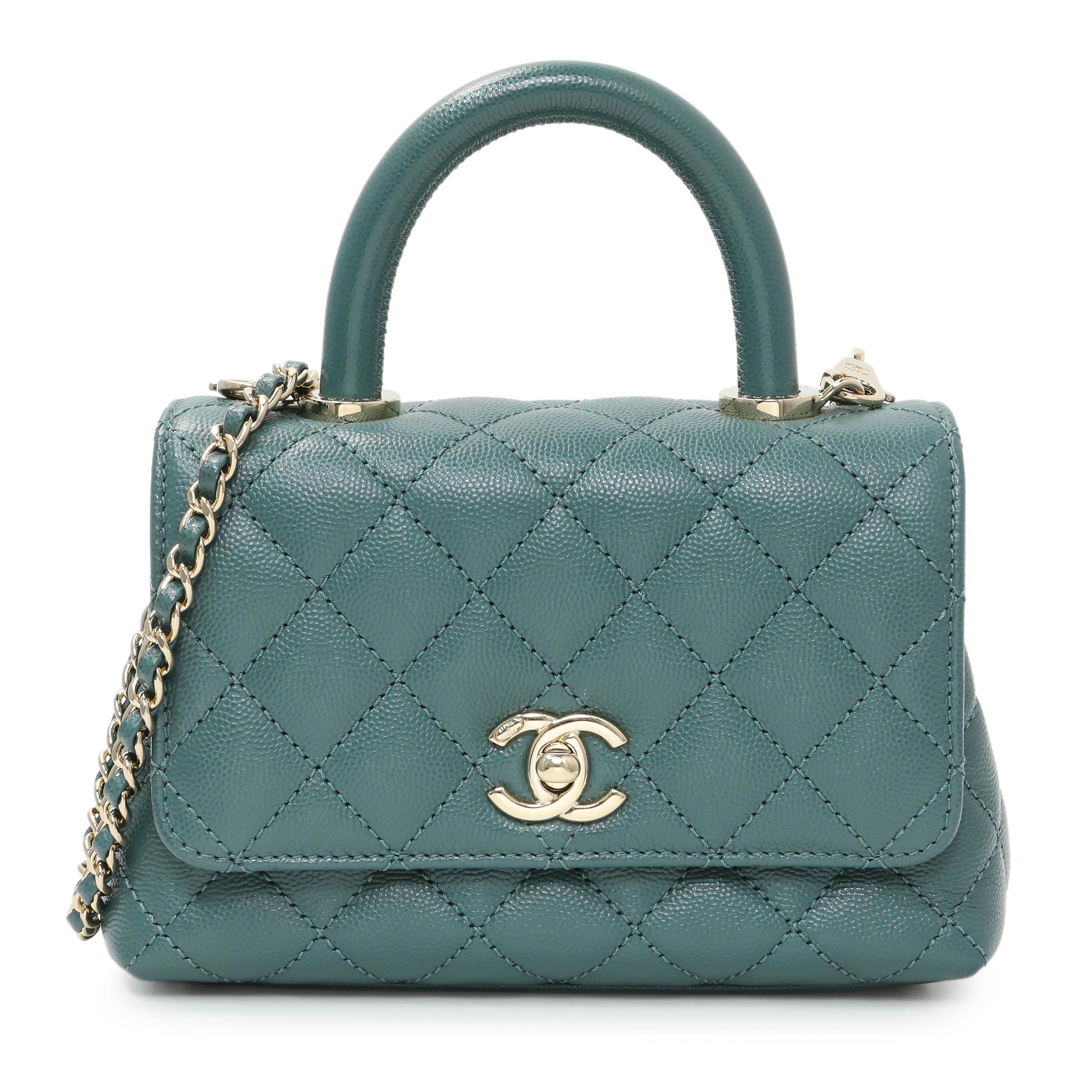 Chanel Teal Quilted Caviar Extra Mini Coco Handle Flap