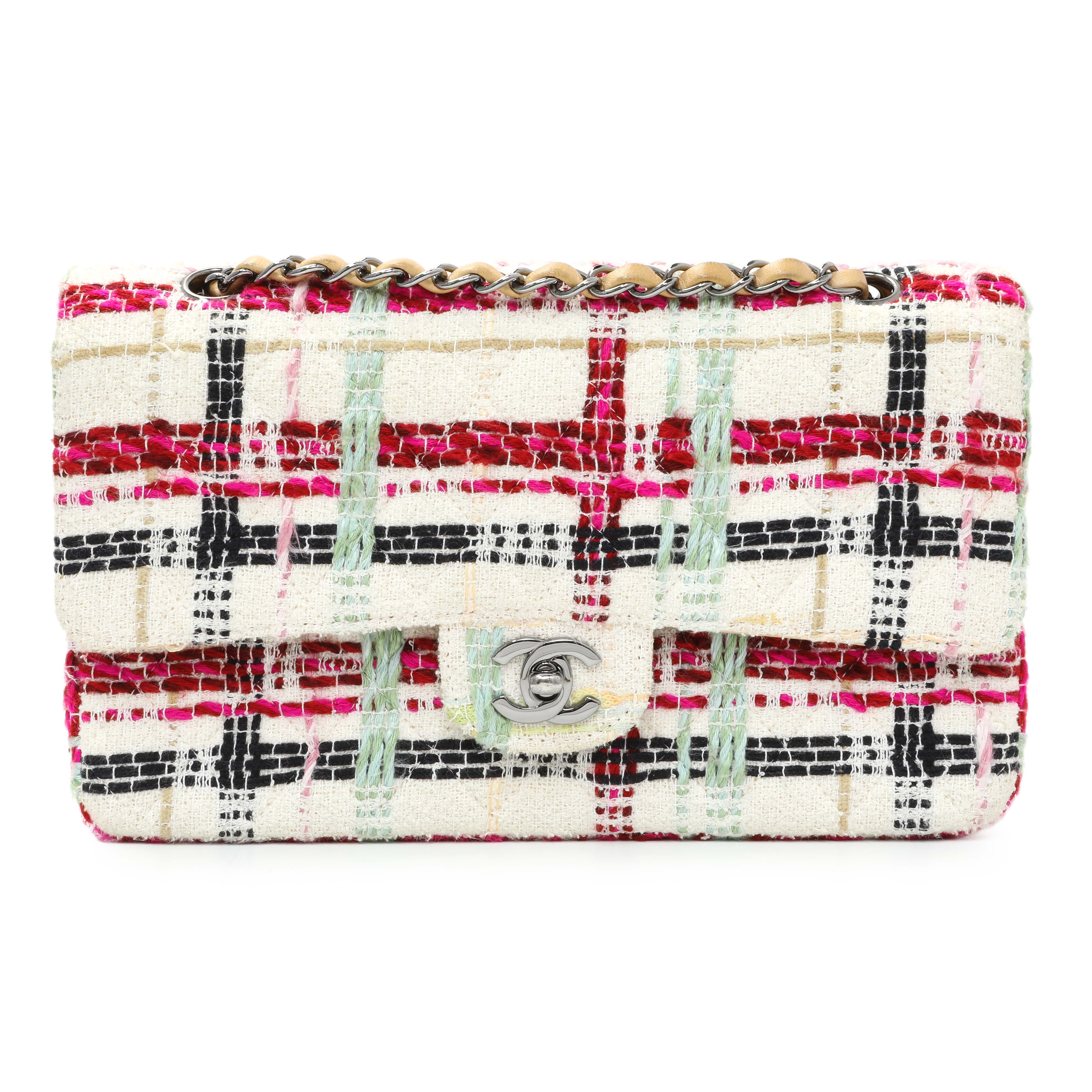 Chanel White Pink Tweed Quilted Medium Double Flap