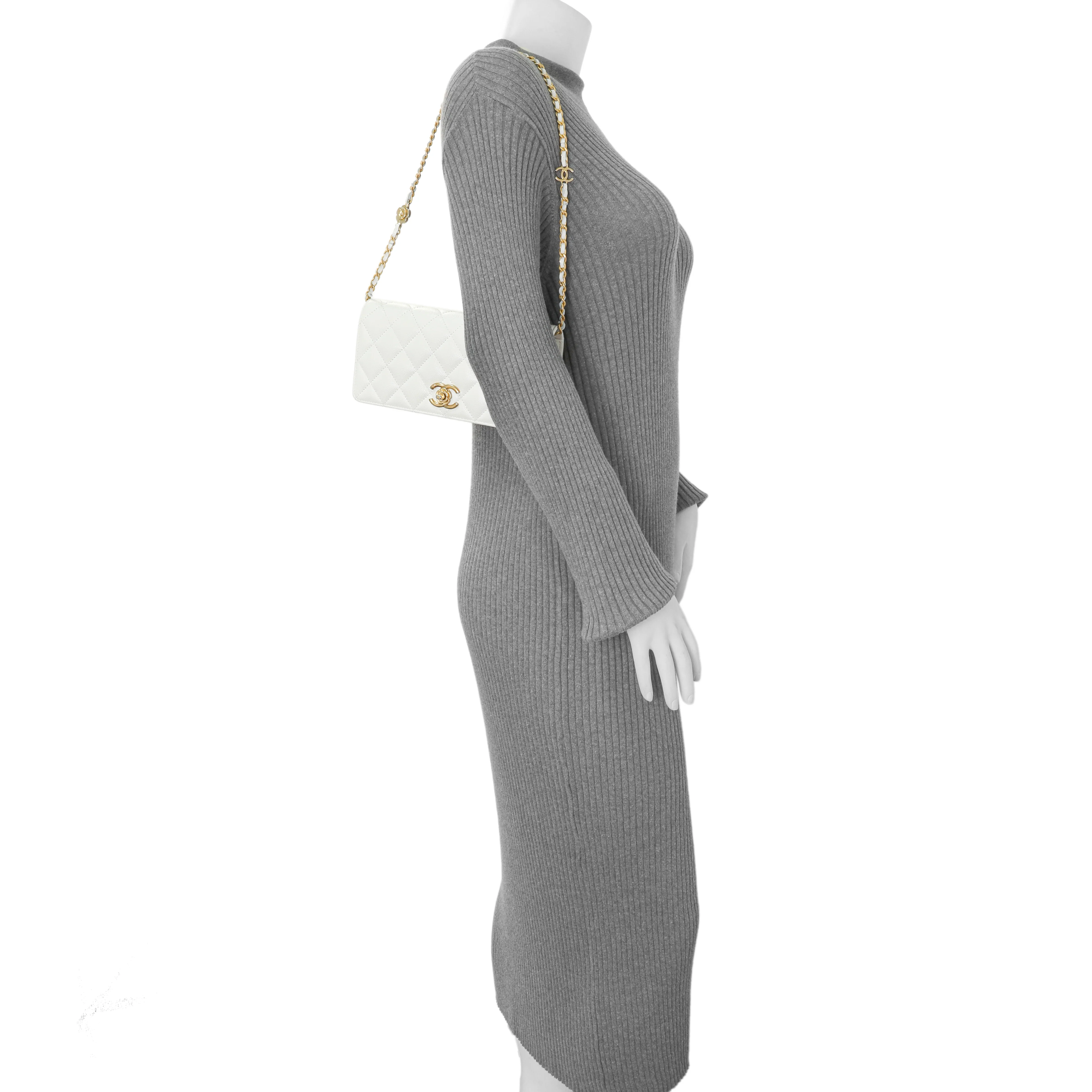 Chanel White Quilted Caviar Camellia Chain Flap - Image 12