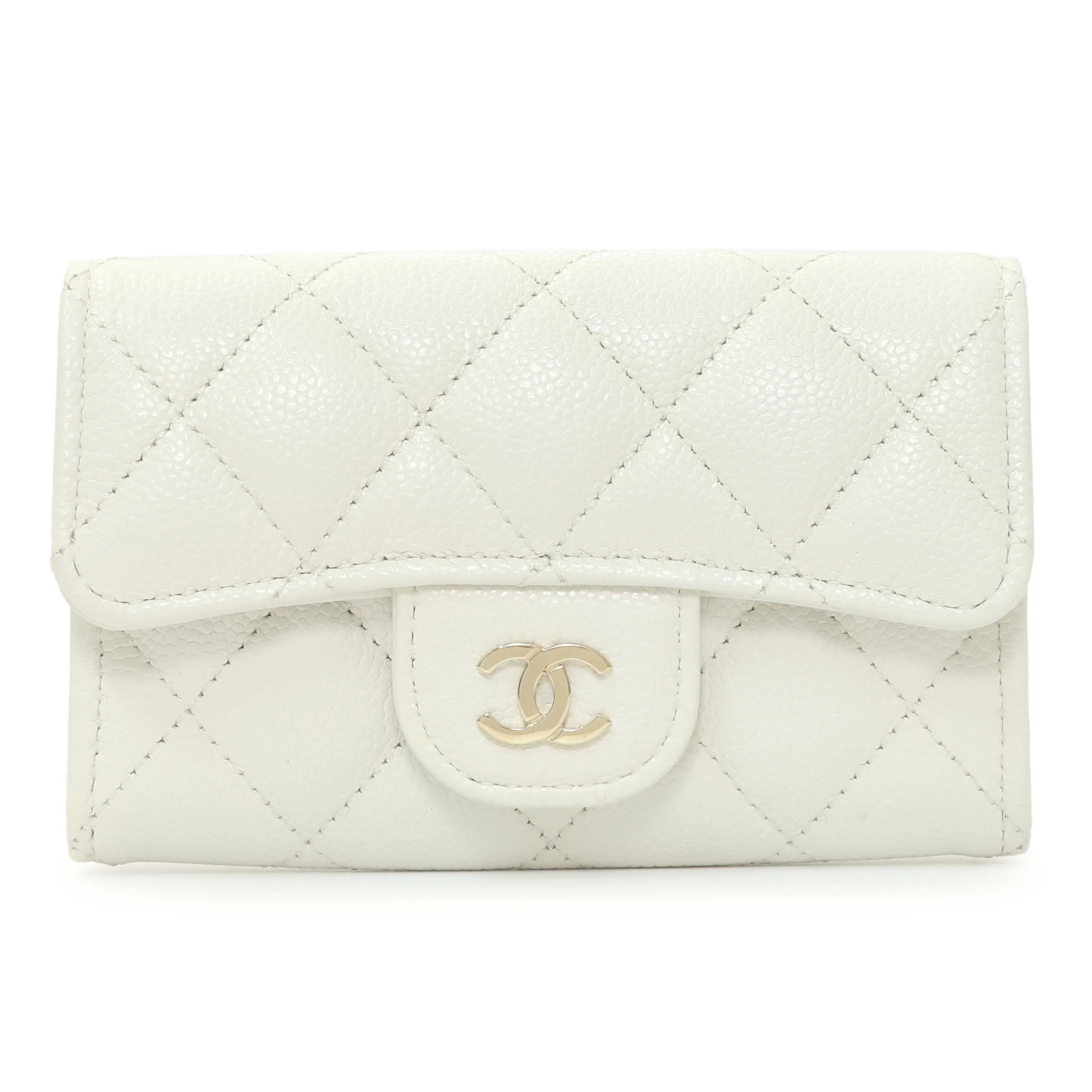 Chanel White Quilted Caviar Flap Card Holder