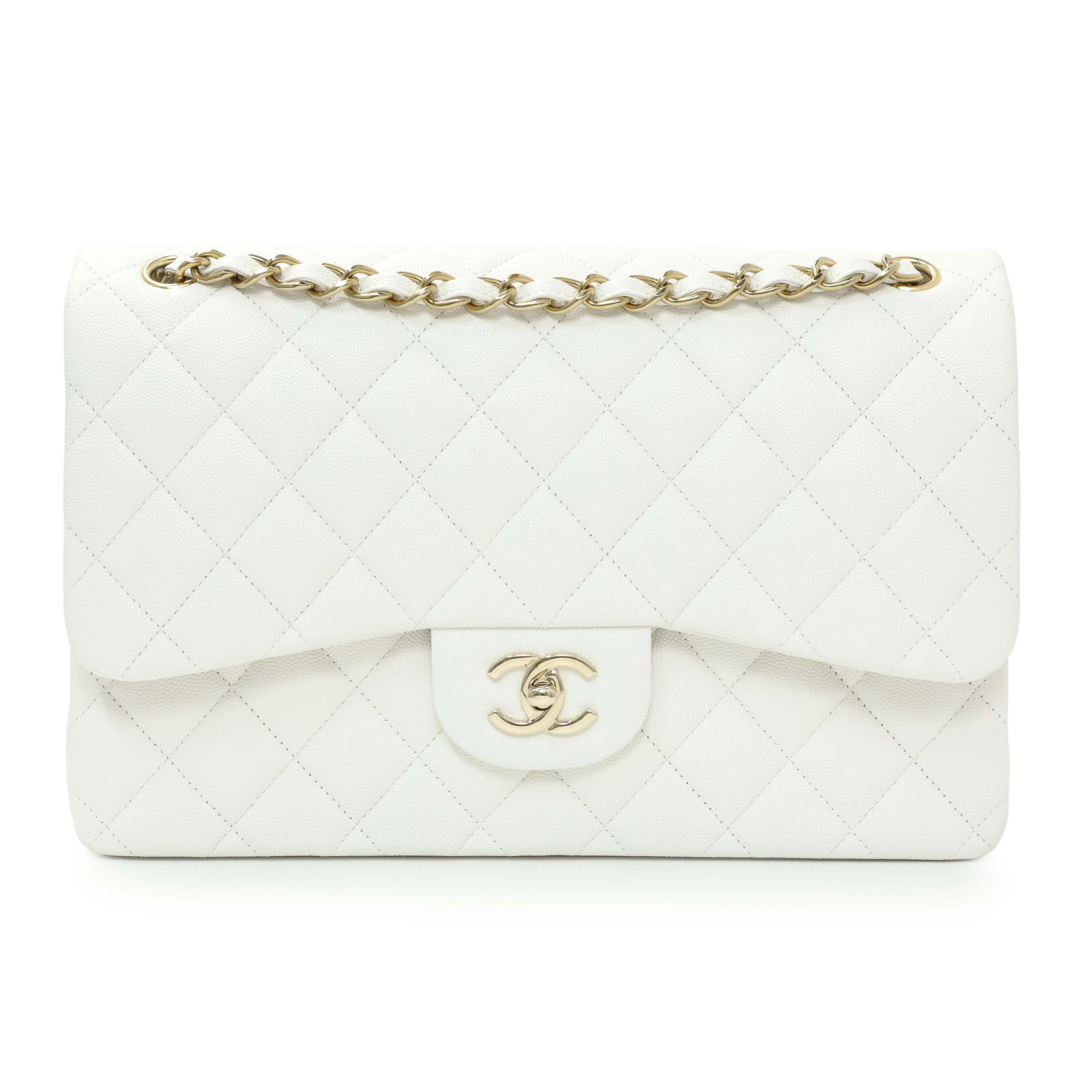 Chanel White Quilted Caviar Jumbo Double Flap