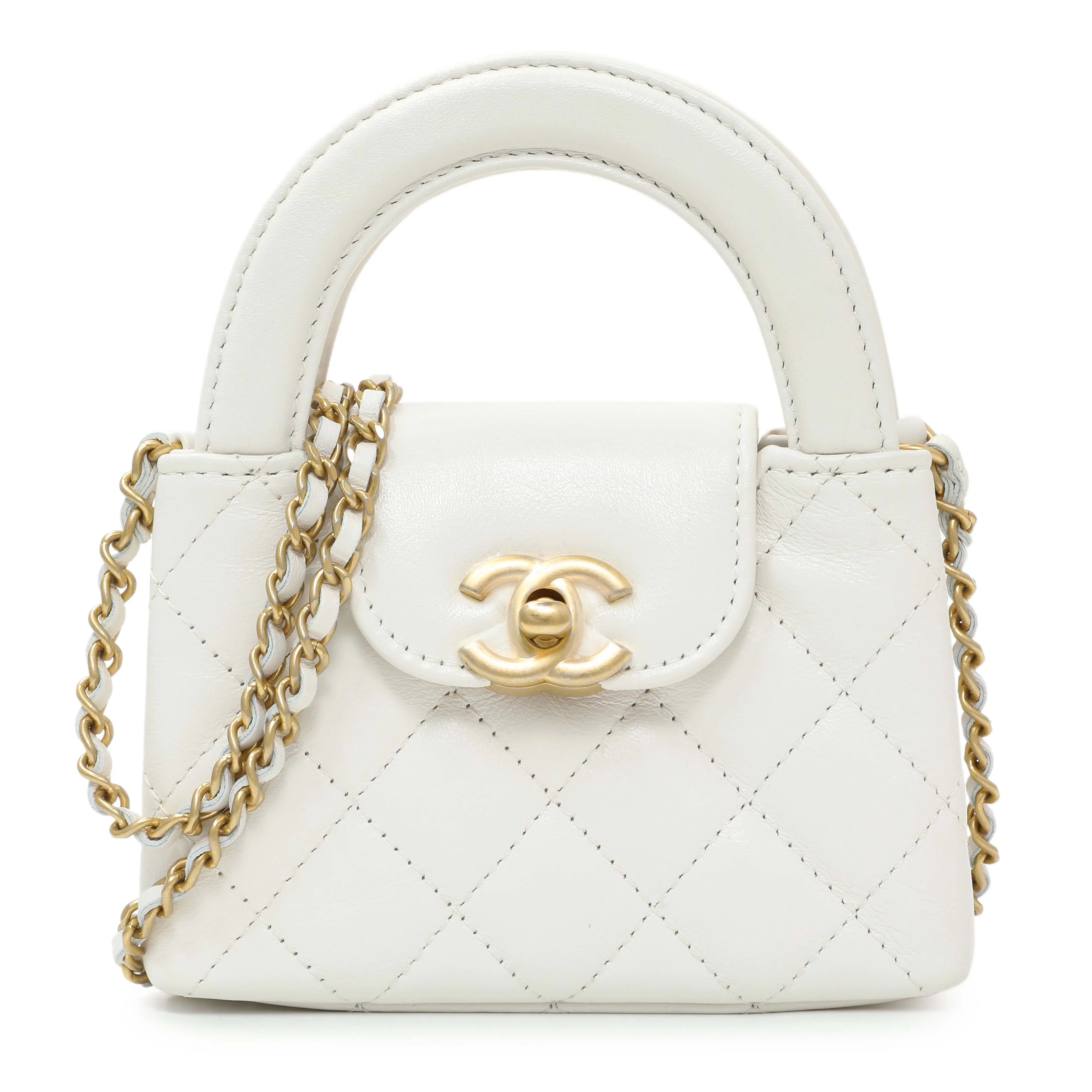 Chanel White Shiny Aged Calfskin Quilted Mini Nano Kelly Shopper