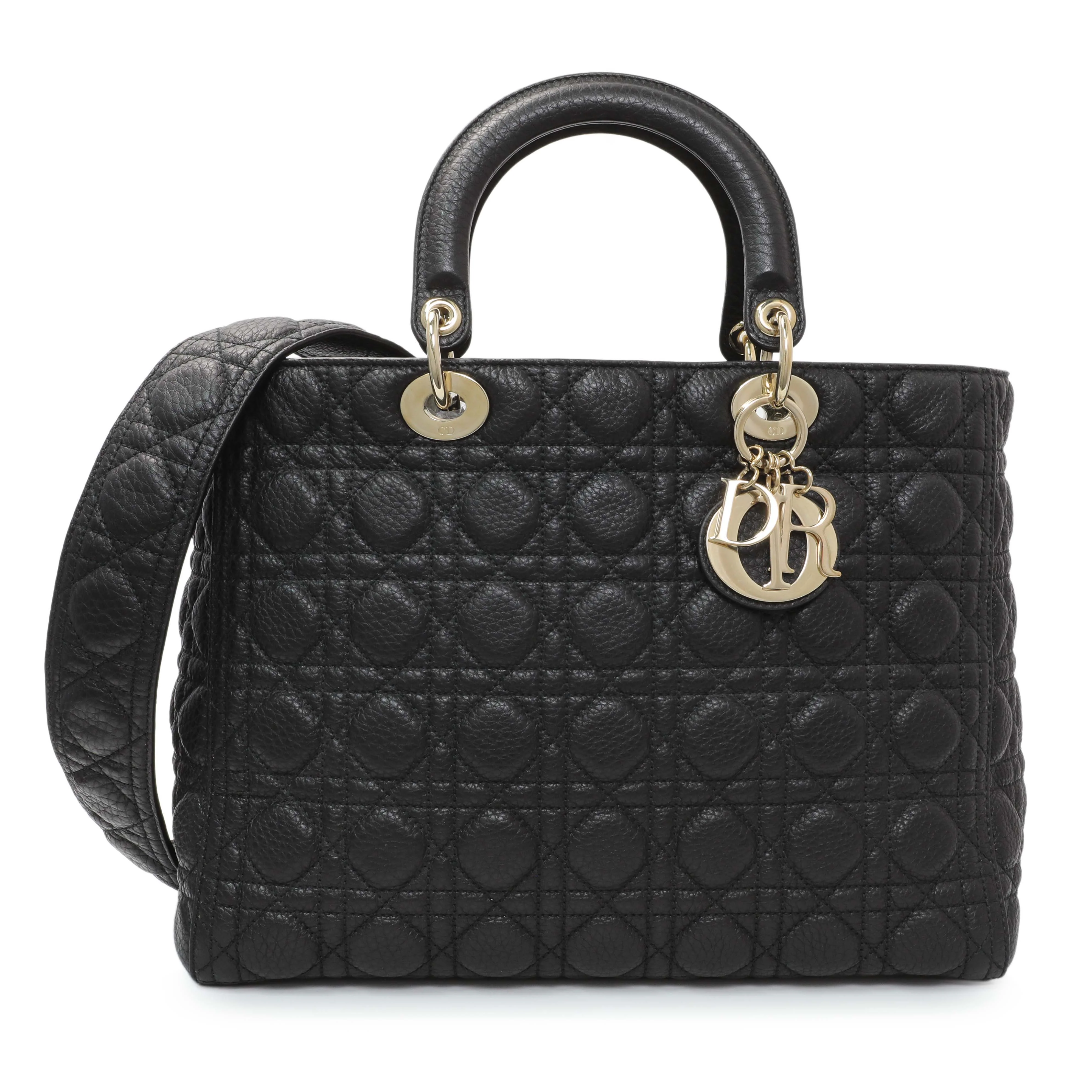 Christian Dior Black Grained Calfskin Cannage Large Supple Lady Dior Bag