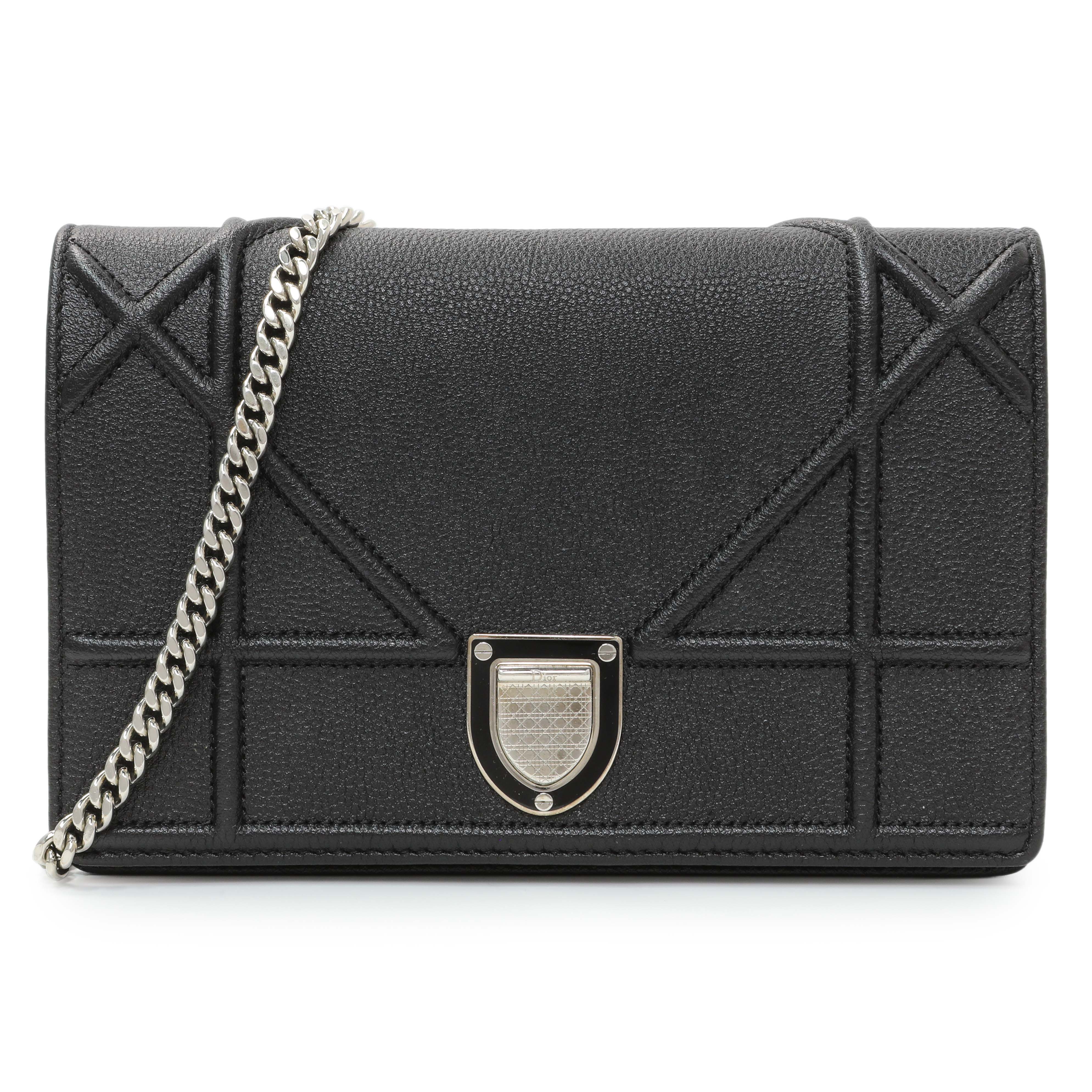 Christian Dior Black Grained Calfskin Diorama Wallet on Chain