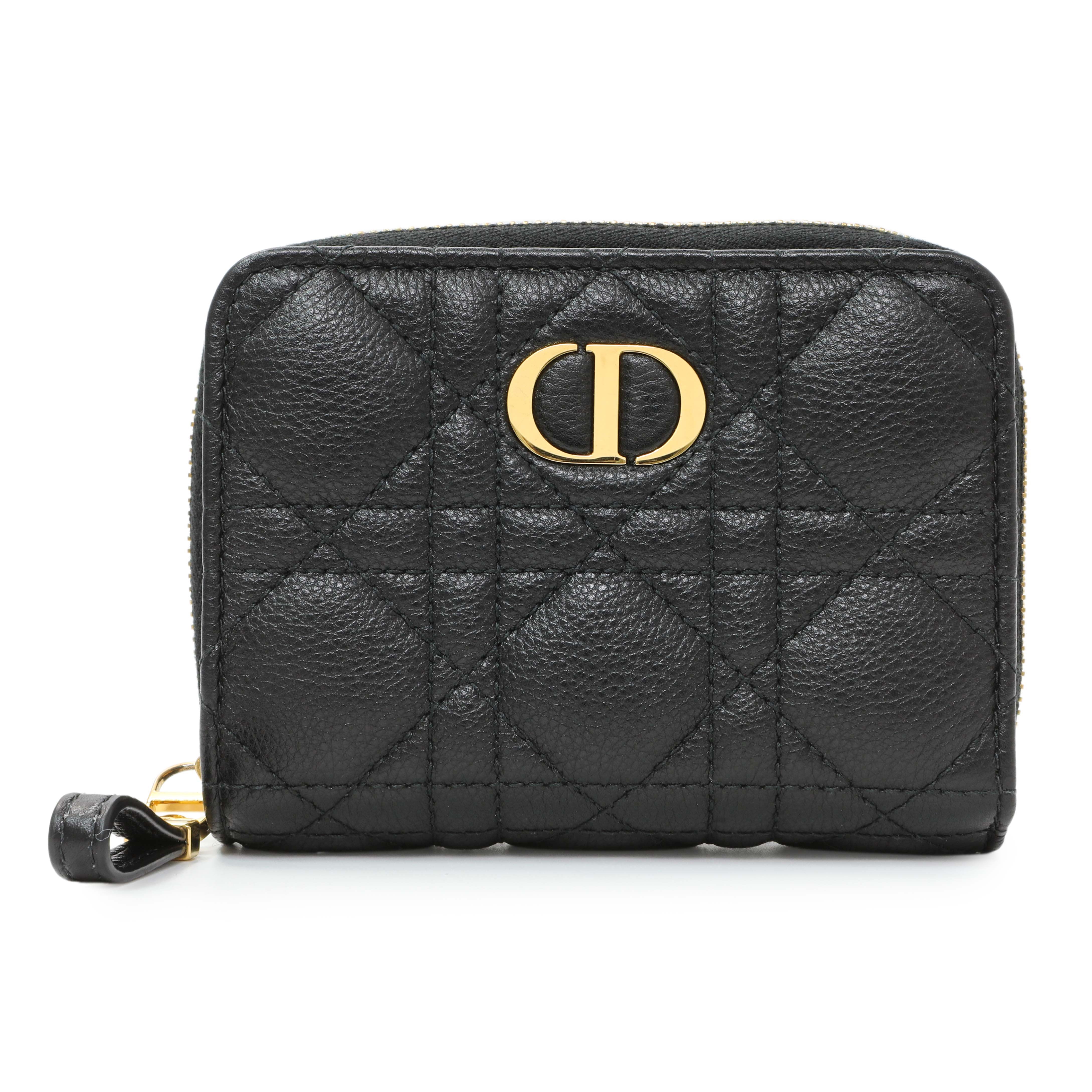 Christian Dior Black Grained Calfskin Supple Cannage Caro Scarlet Zipped Wallet