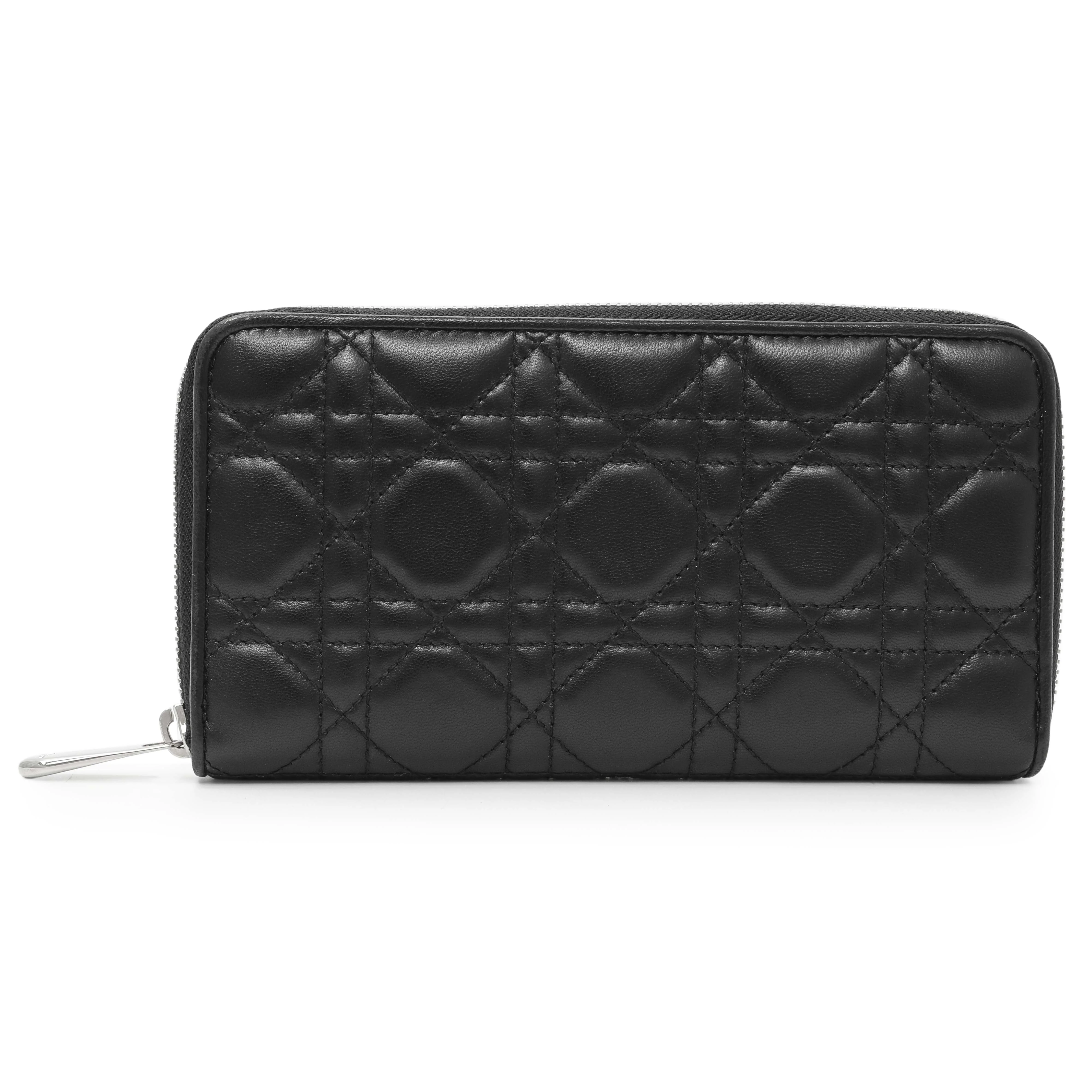 Christian Dior Black Lambskin Cannage Lady Dior Zip Wallet