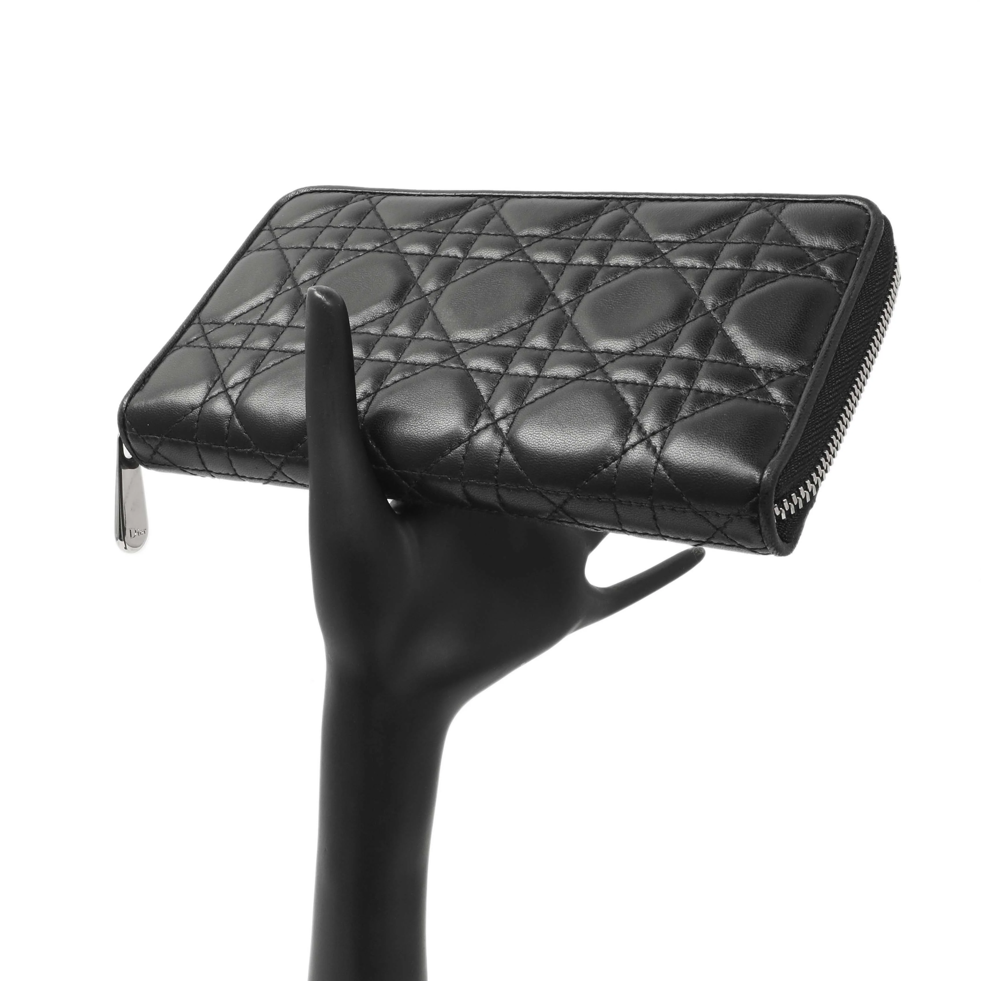 Christian Dior Black Lambskin Cannage Lady Dior Zip Wallet - Image 11
