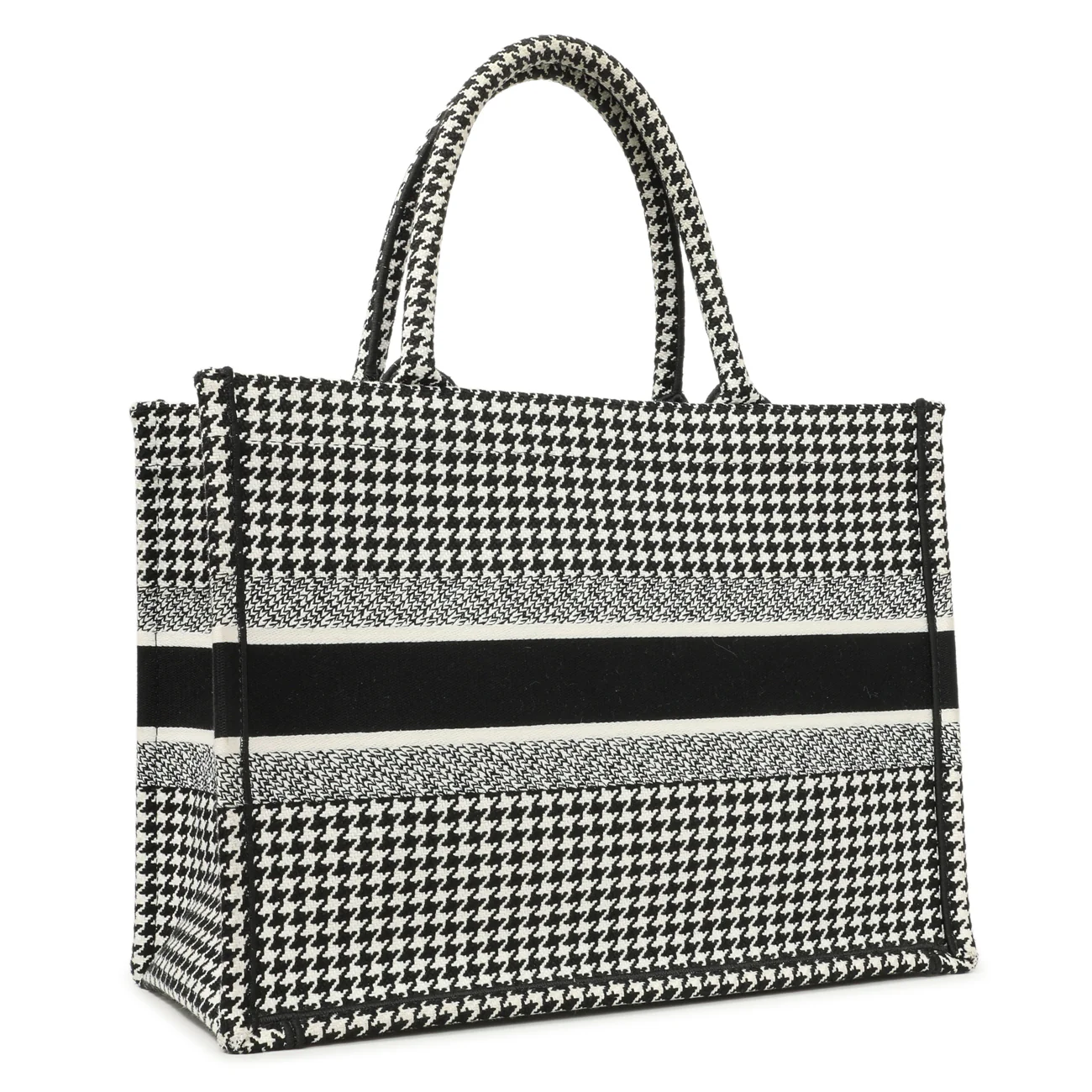 Christian Dior Black White Houndstooth Canvas Medium Book Tote - Image 2