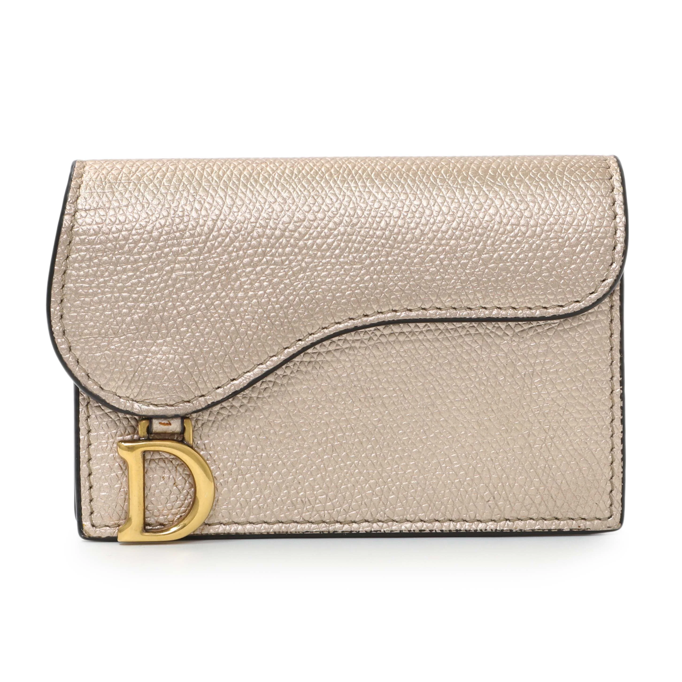 Christian Dior Gold Metallic Grained Calfskin Saddle Card Holder