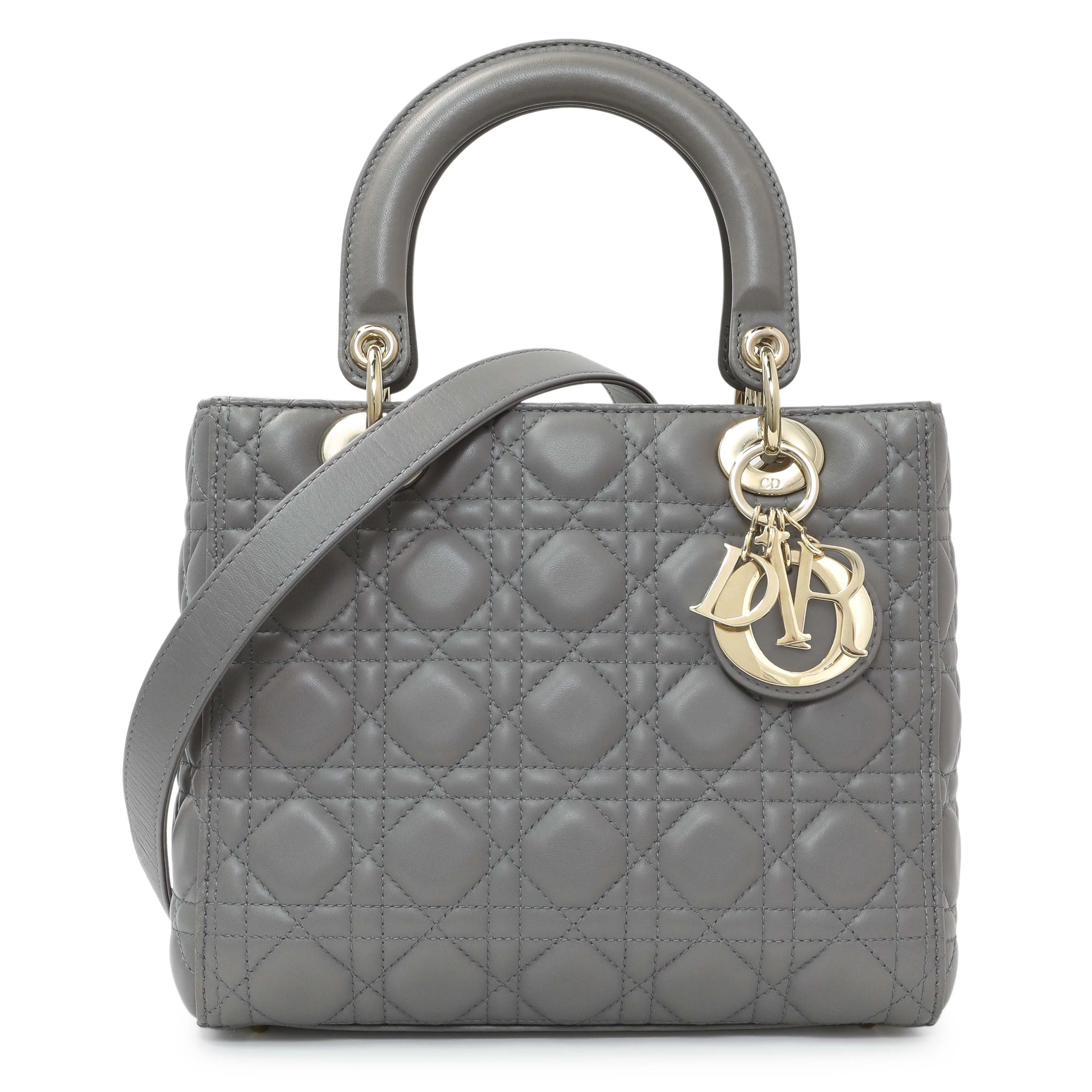 Christian Dior Grey Lambskin Cannage Medium Lady Dior