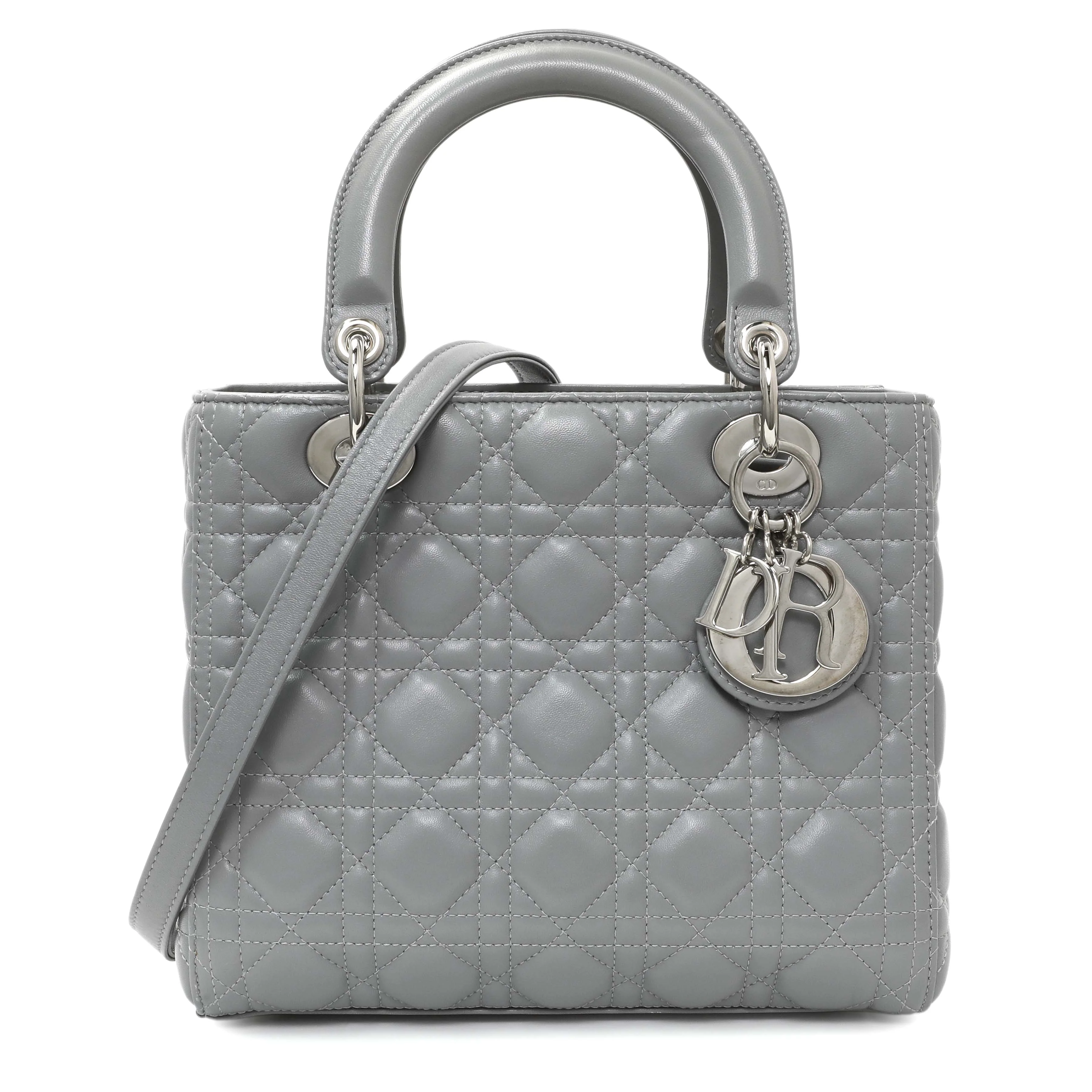 Christian Dior Grey Lambskin Cannage Medium Lady Dior