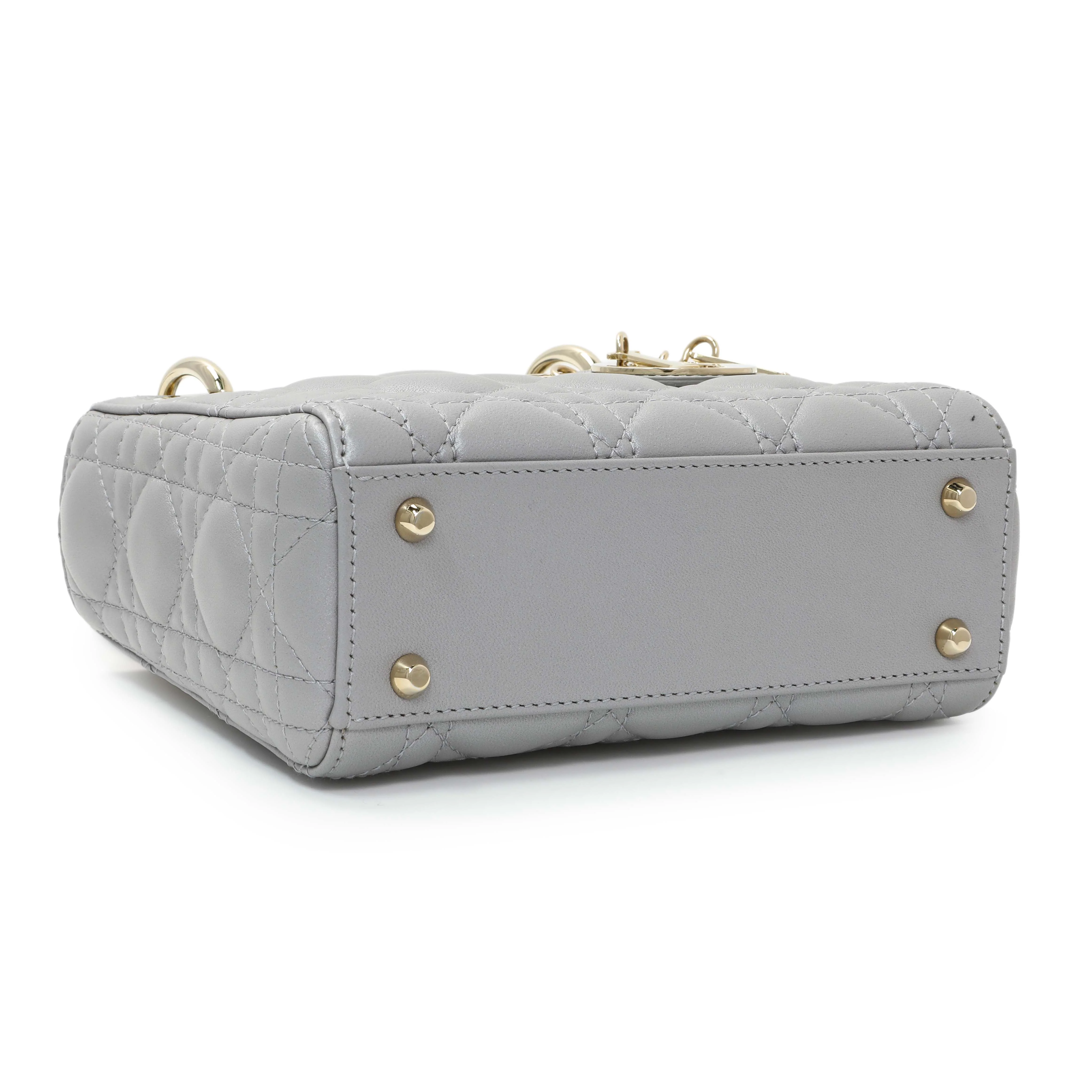 Christian Dior Grey Metallic Lambskin Cannage Mini Lady Dior - Image 3