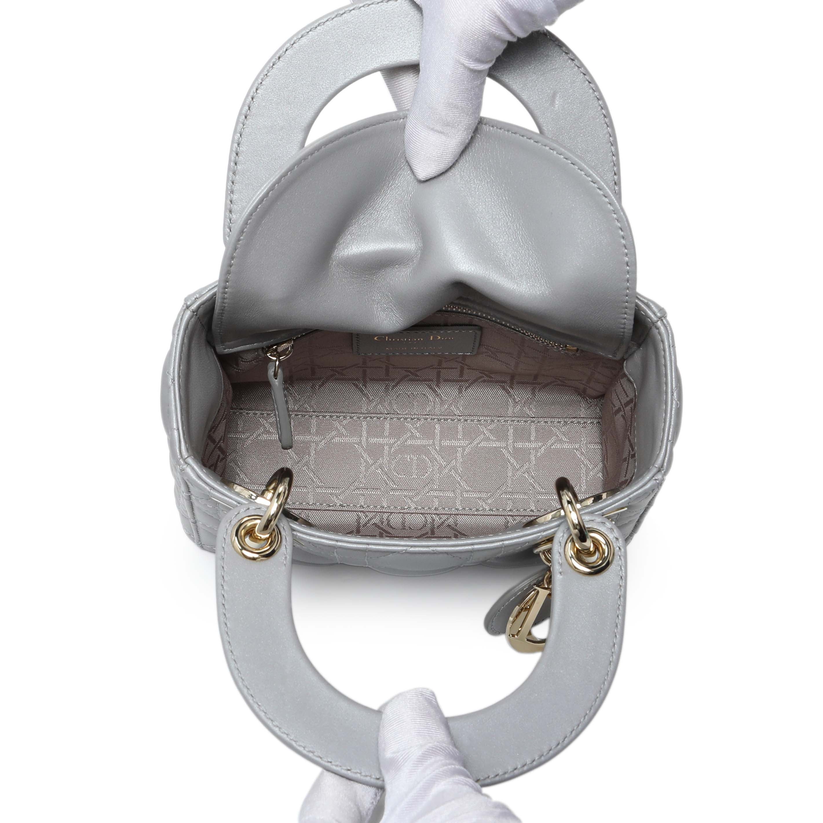 Christian Dior Grey Metallic Lambskin Cannage Mini Lady Dior - Image 4