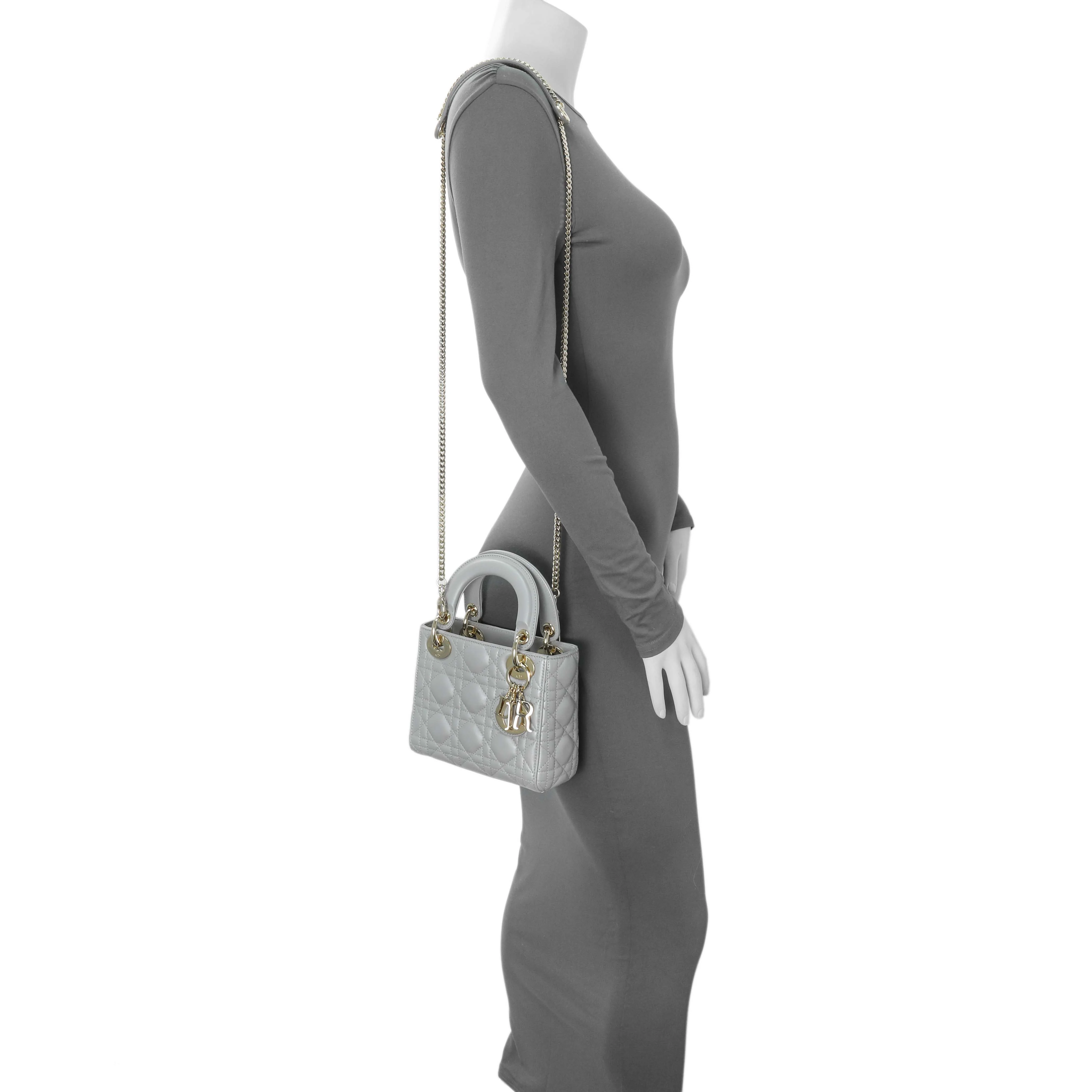 Christian Dior Grey Metallic Lambskin Cannage Mini Lady Dior - Image 7