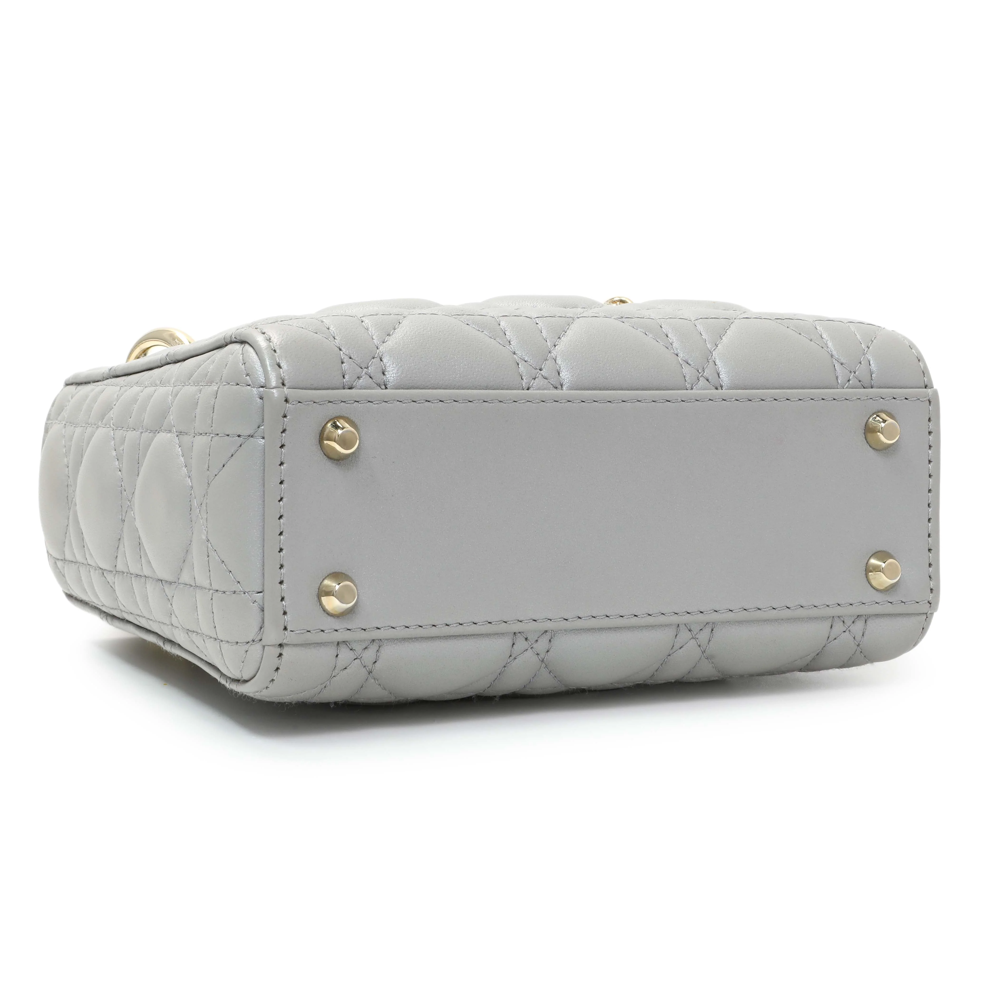 Christian Dior Grey Metallic Lambskin Cannage Mini Lady Dior - Image 3