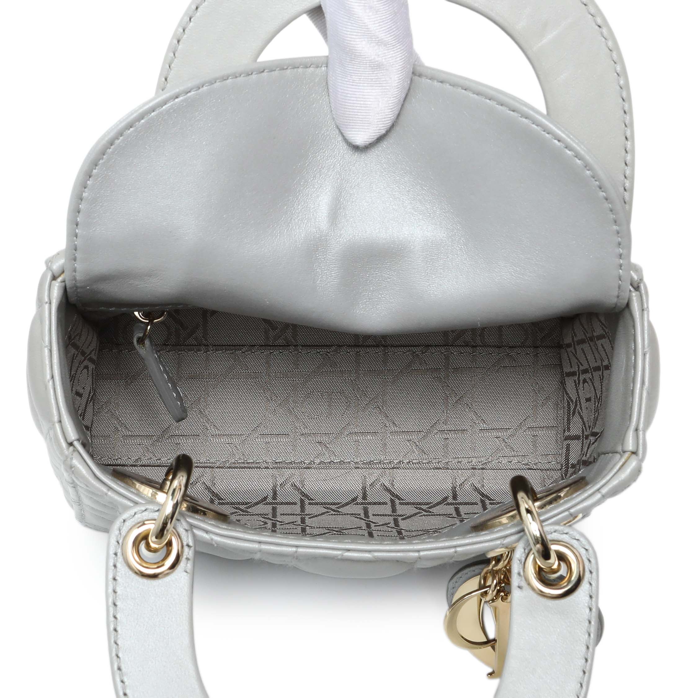 Christian Dior Grey Metallic Lambskin Cannage Mini Lady Dior - Image 4